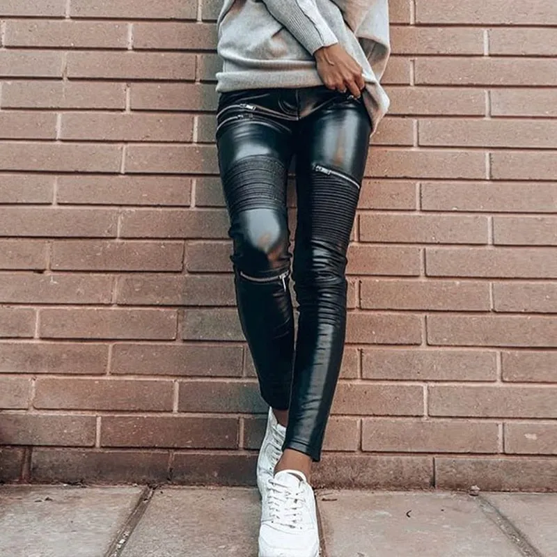 Leather Pants With Fleece Lining Low Waist Faux Leather Trousers