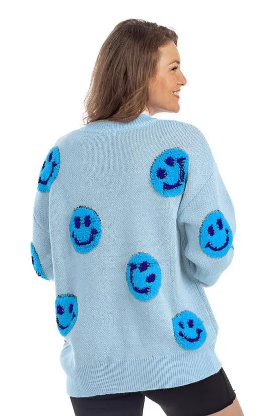 Light Blue Knit Happy Face Sweater