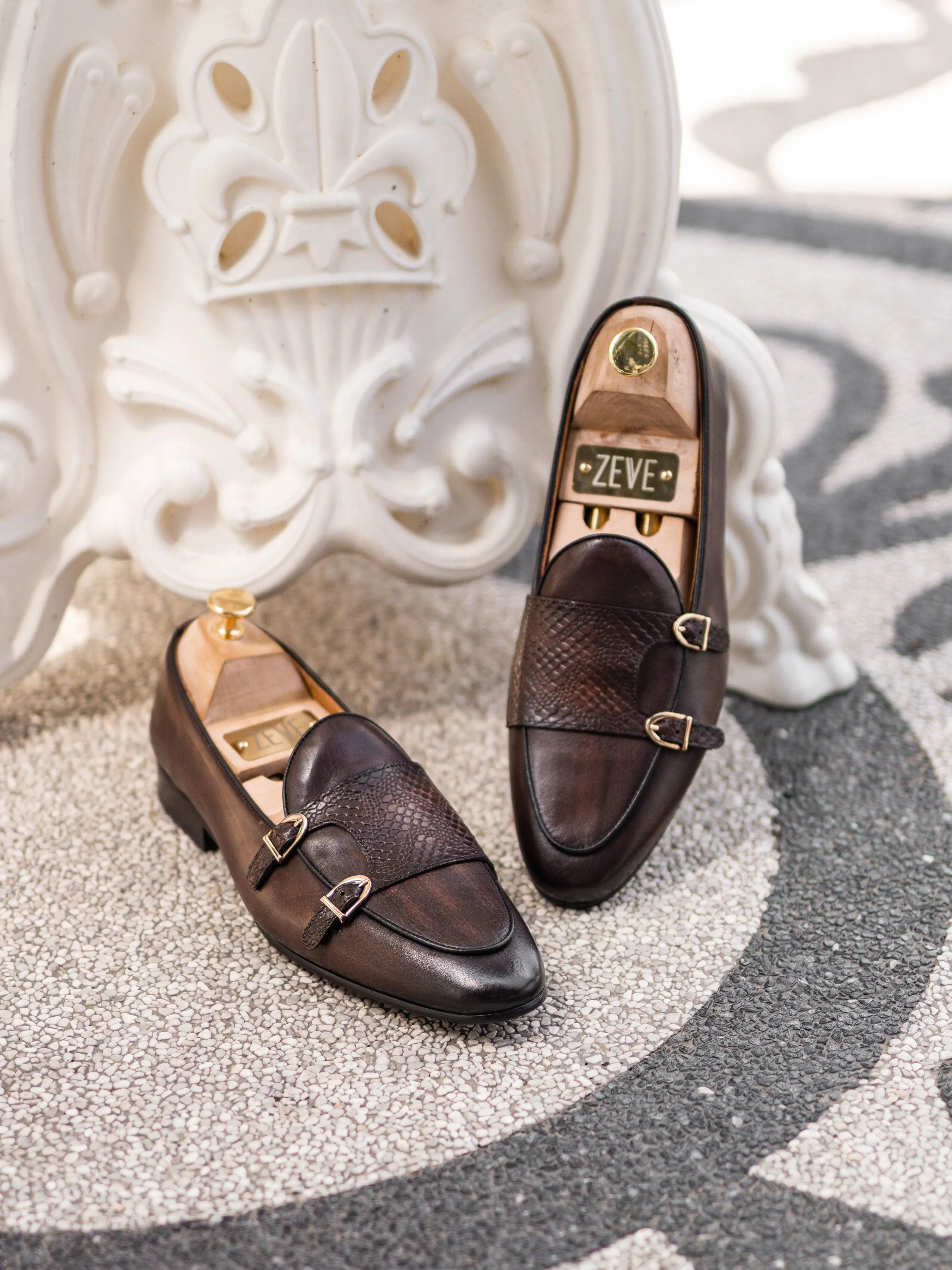 Loafer - Dark Brown Snake Skin Double Monk Strap - Hand Painted Patina