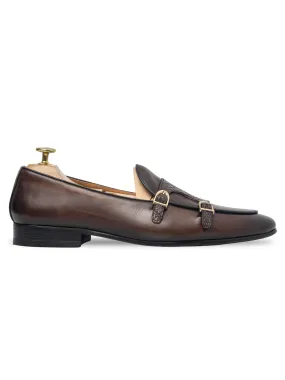 Loafer - Dark Brown Snake Skin Double Monk Strap - Hand Painted Patina