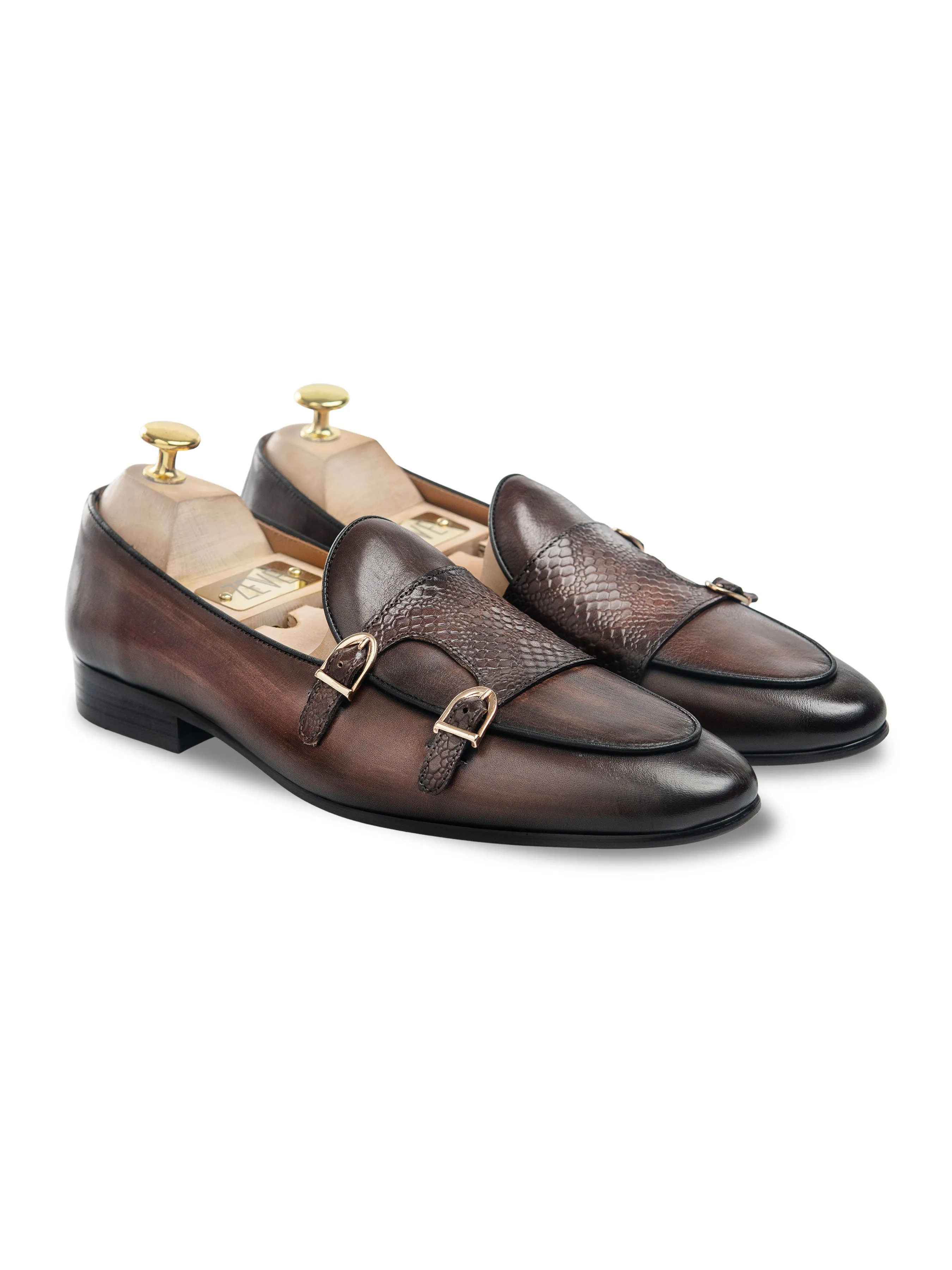 Loafer - Dark Brown Snake Skin Double Monk Strap - Hand Painted Patina