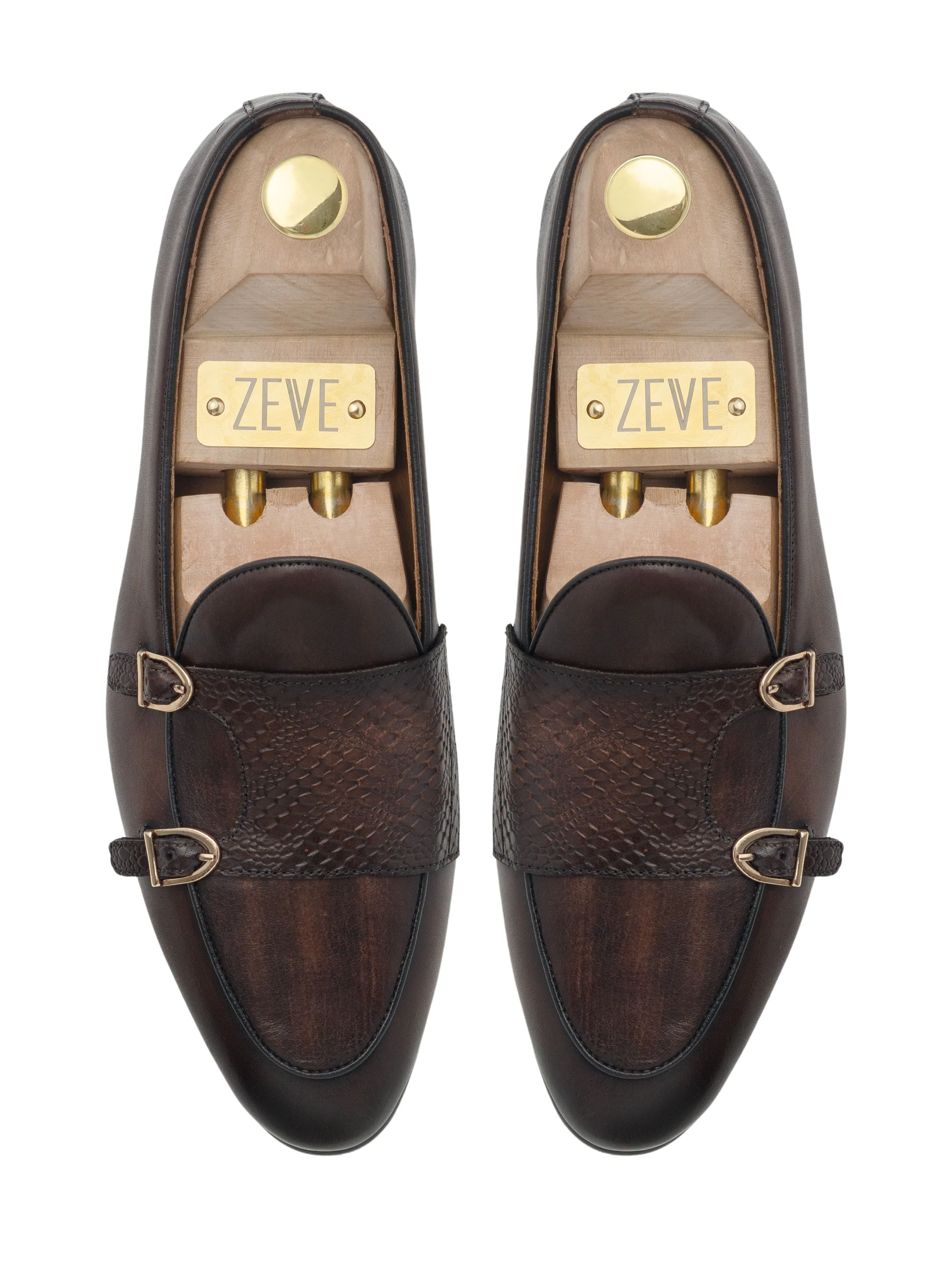 Loafer - Dark Brown Snake Skin Double Monk Strap - Hand Painted Patina