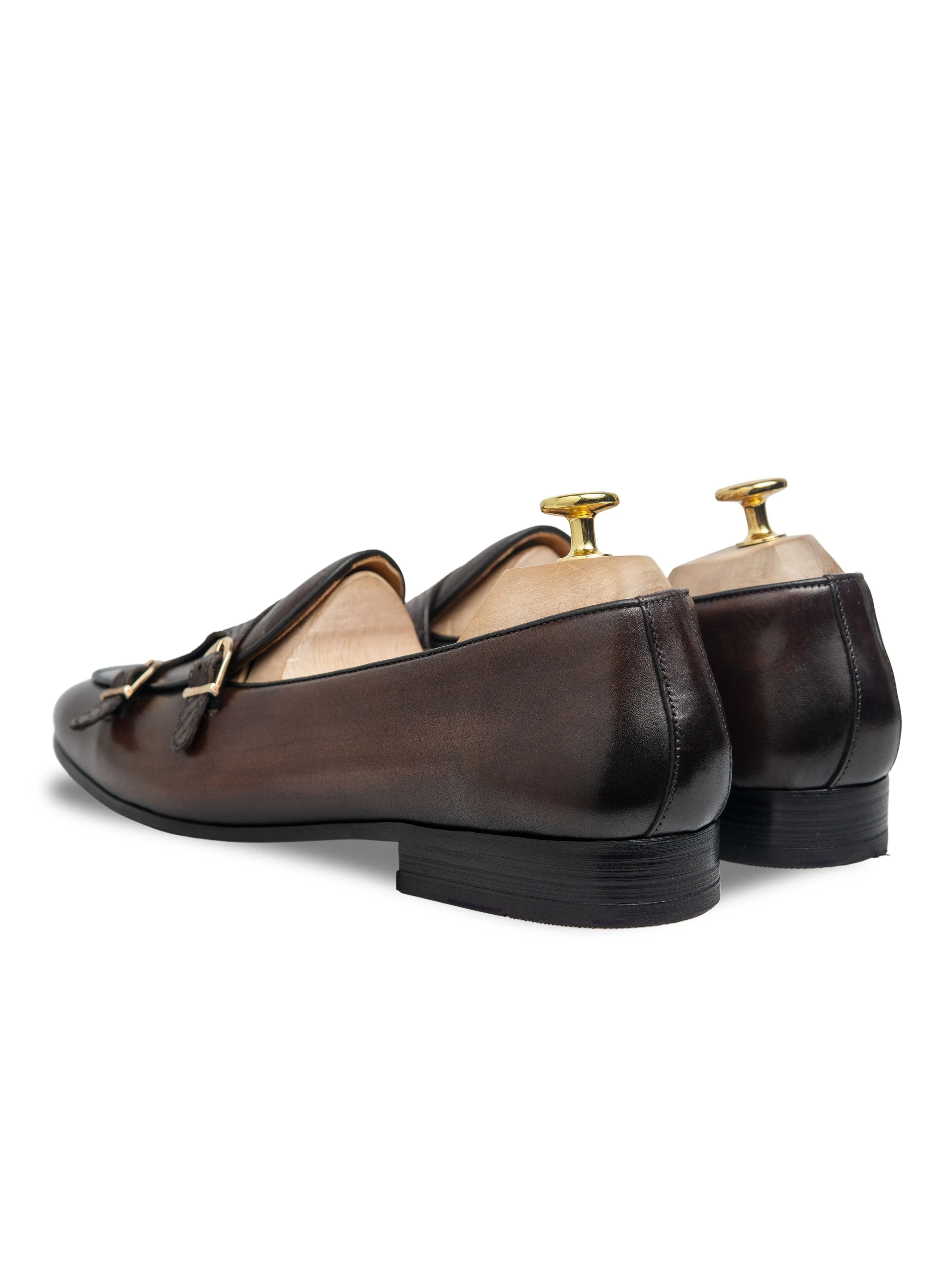 Loafer - Dark Brown Snake Skin Double Monk Strap - Hand Painted Patina