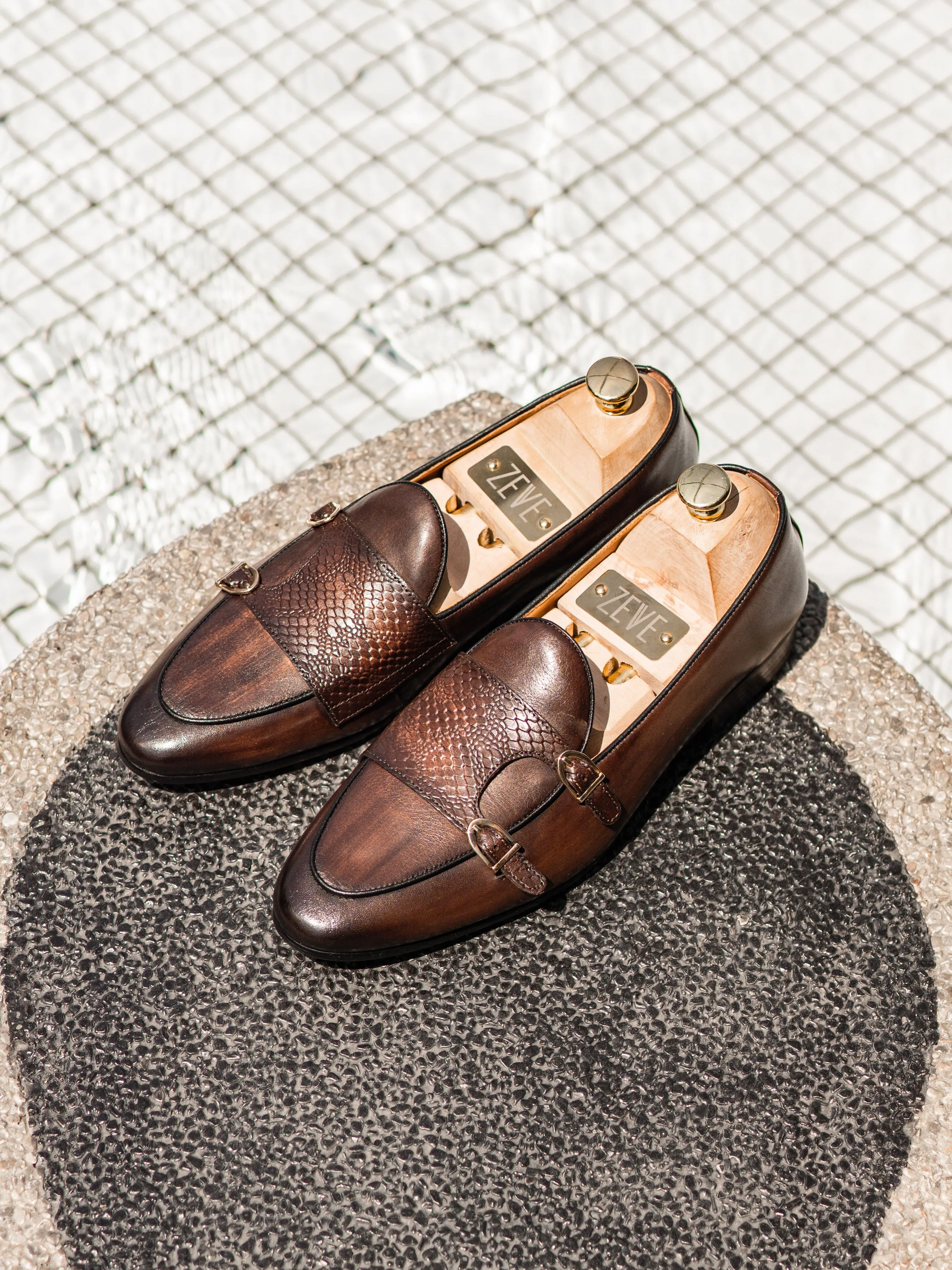 Loafer - Dark Brown Snake Skin Double Monk Strap - Hand Painted Patina