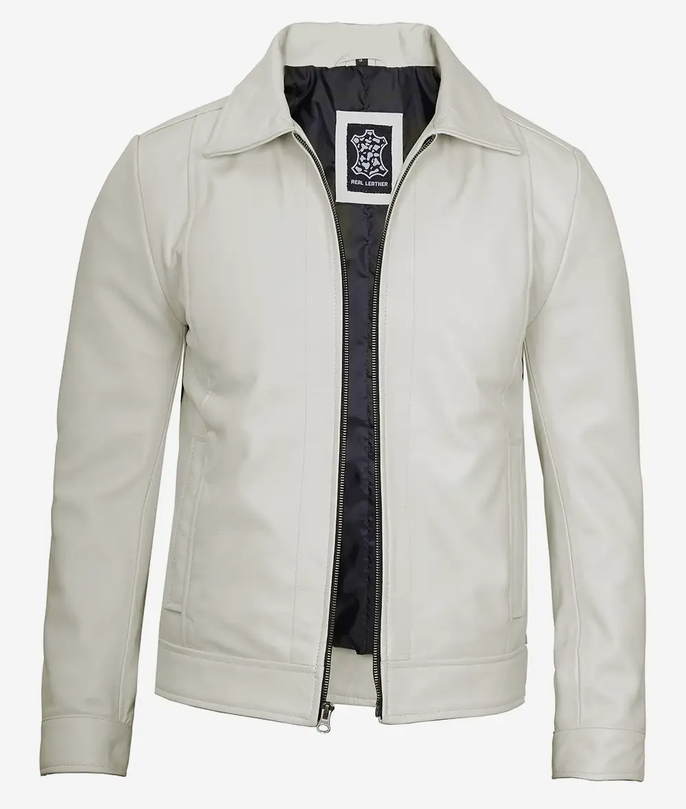 Mens Shirt Collar Off White Leather Jacket