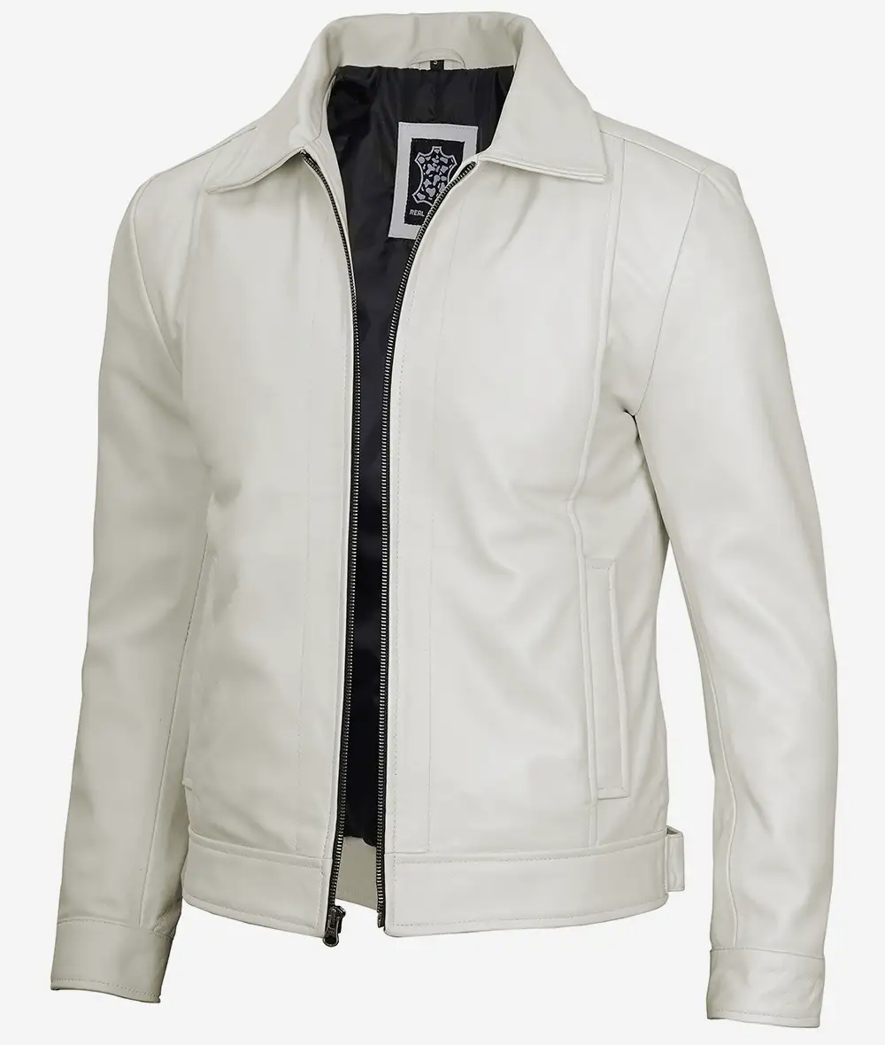 Mens Shirt Collar Off White Leather Jacket