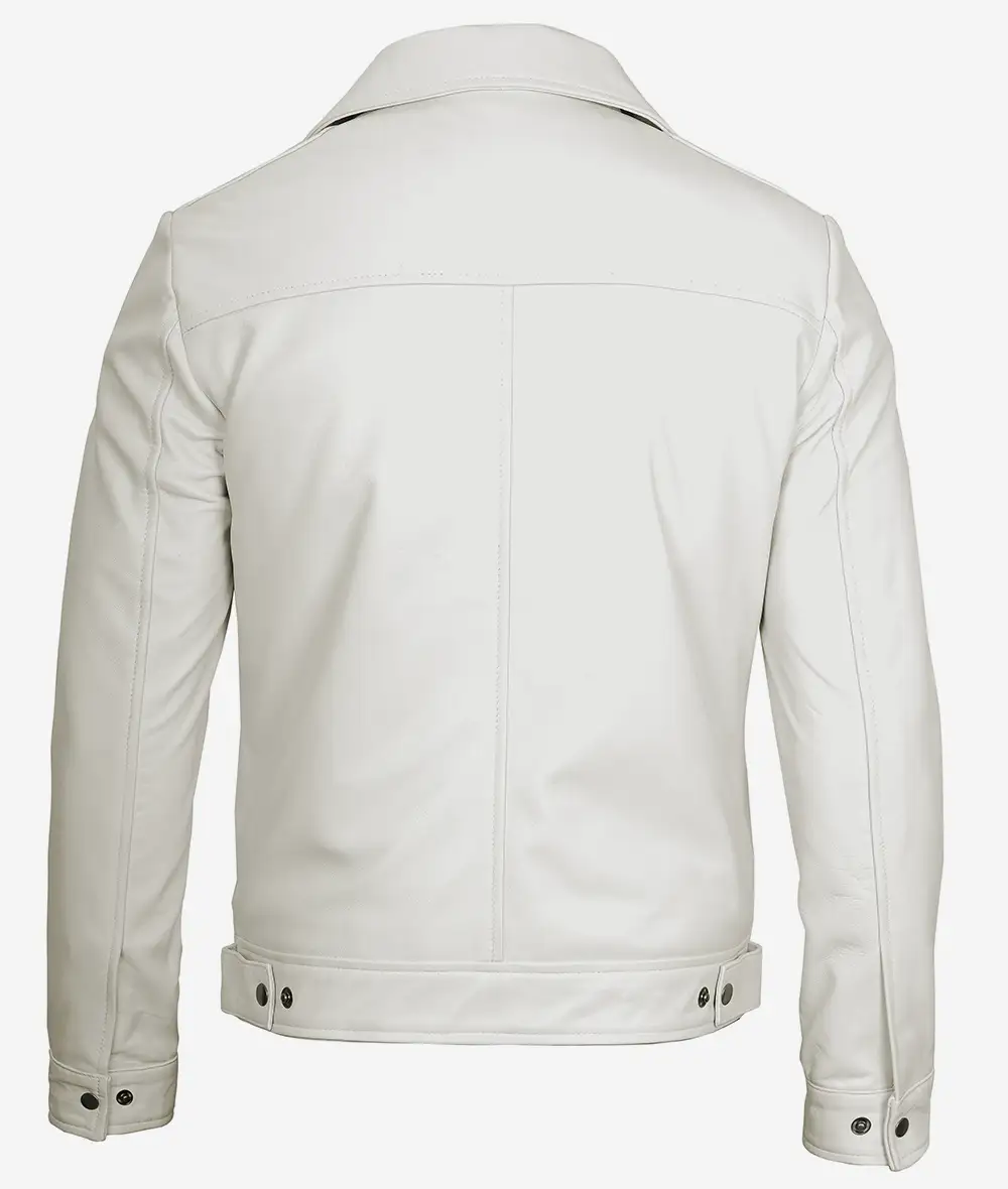 Mens Shirt Collar Off White Leather Jacket