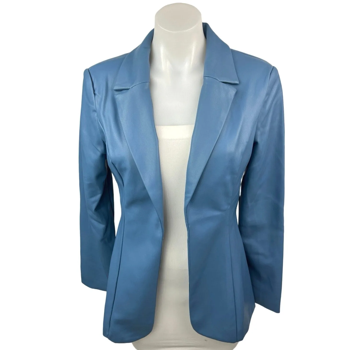 Missguided Blue Faux Vegan Leather Open Front Notch Lapel Blazer Coat Jacket 2