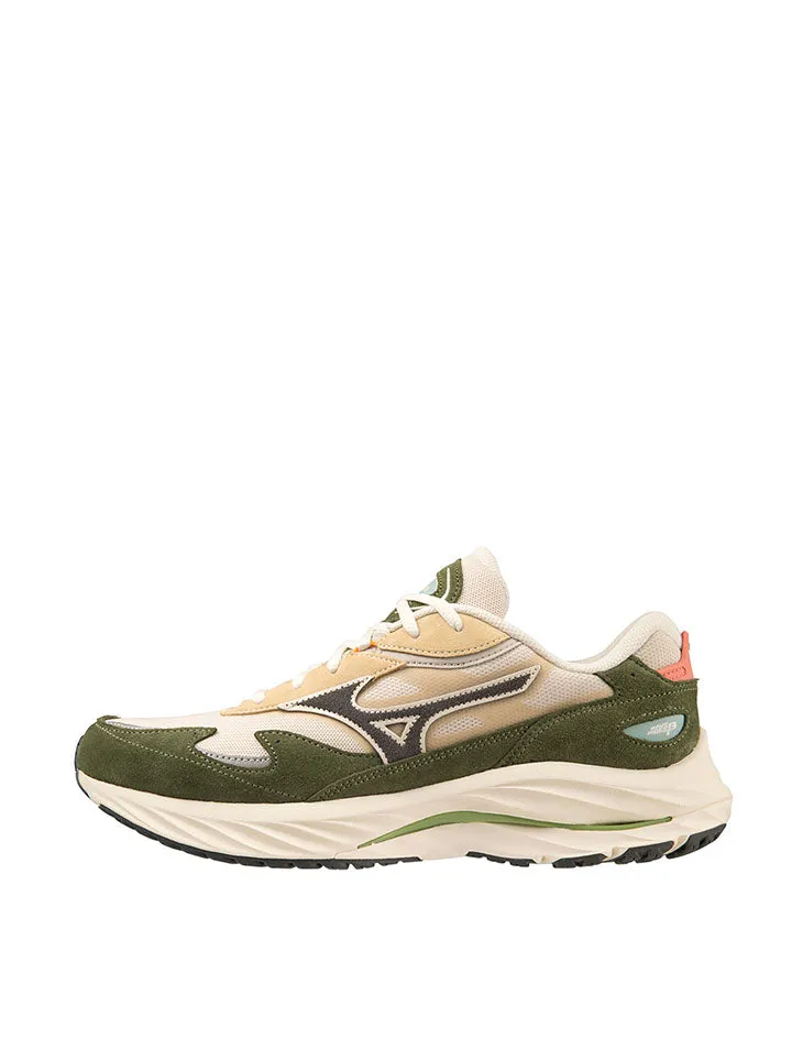 Mizuno Wave Rider B Summer Sand Dark Shadow Rifle Green sneakers.