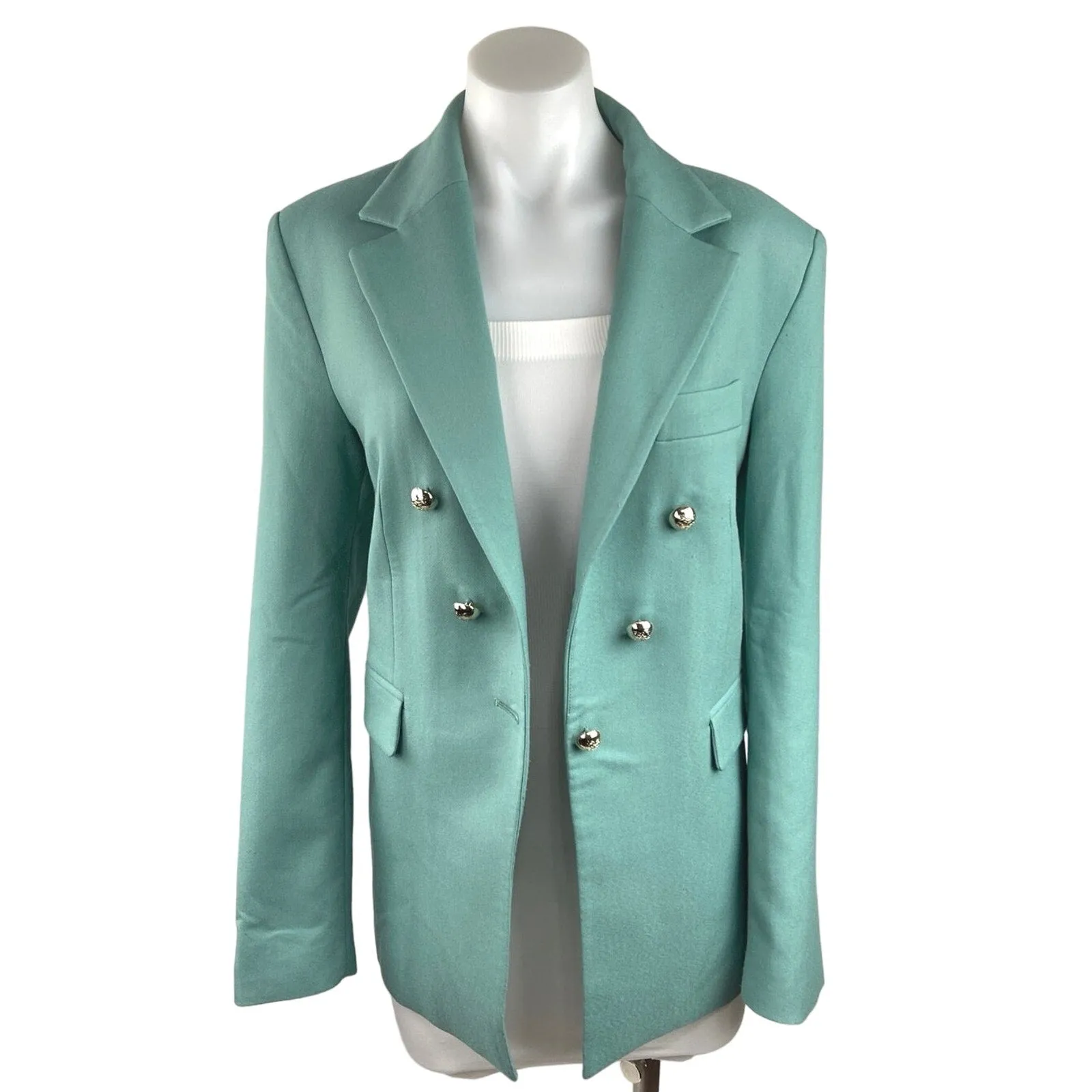 MNG Mango Teal Blue Double Breasted Long Sleeve Pockets Collar Blazer Jacket L