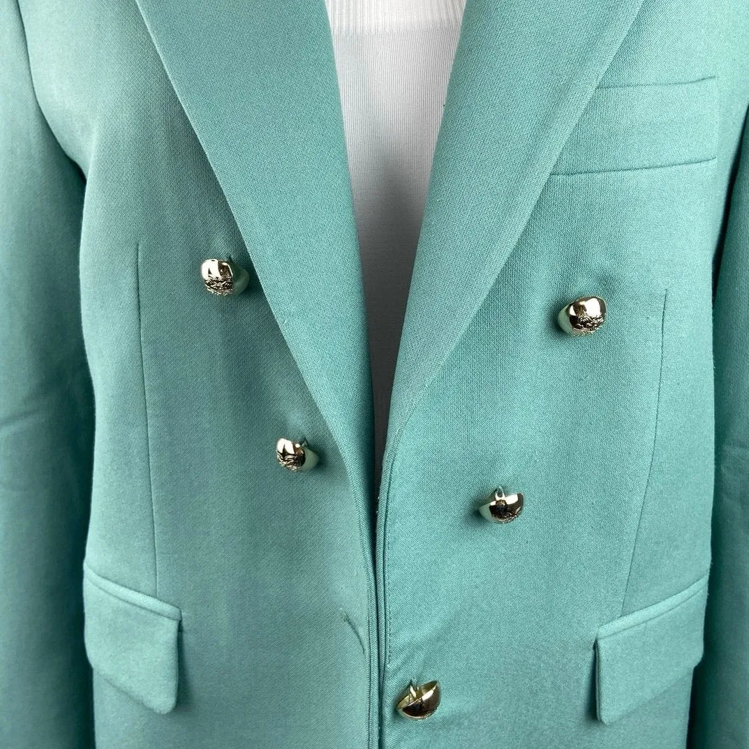 MNG Mango Teal Blue Double Breasted Long Sleeve Pockets Collar Blazer Jacket L