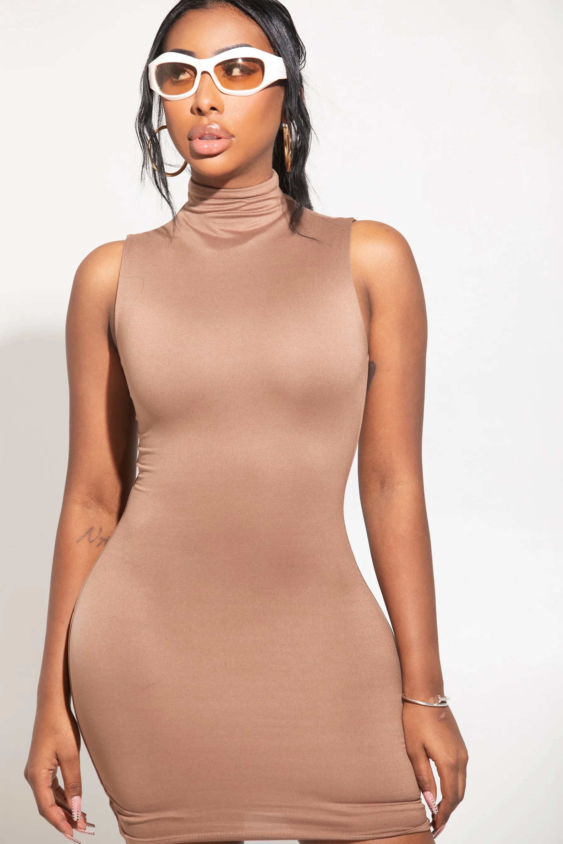 Mocha Mini Dress Sleeveless Mock Neck