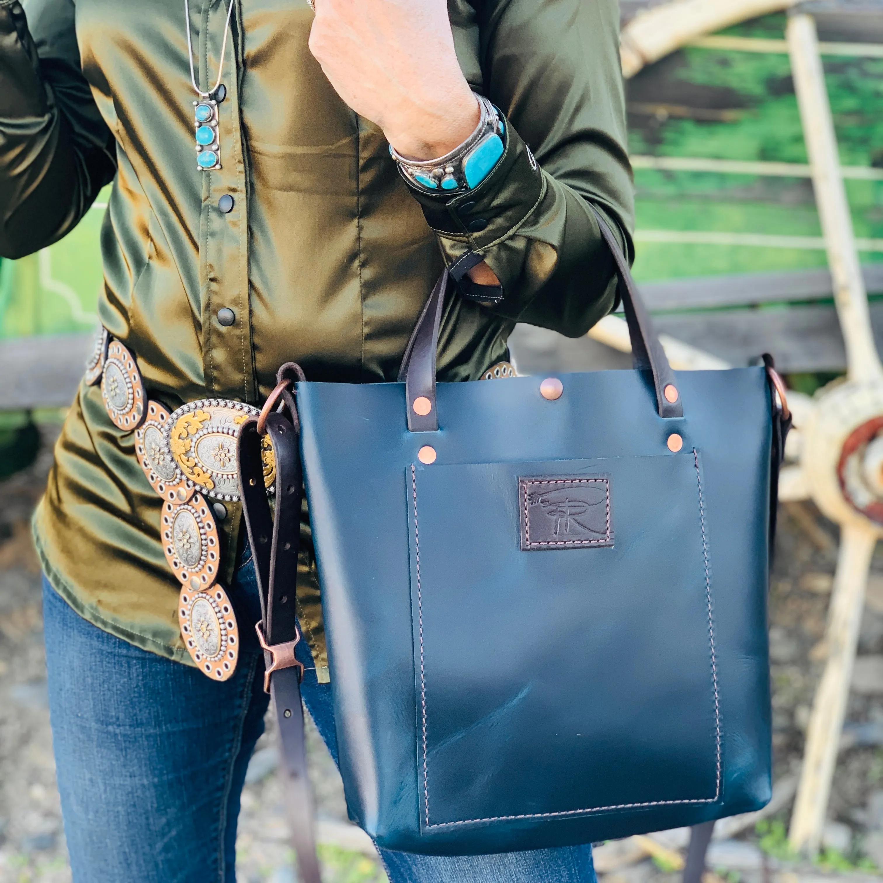 Modern Blue Crossbody Leather Purse Tote Bag