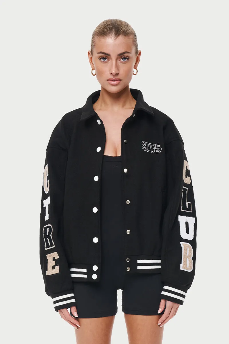 MULTI BADGED CHENILLE COLLARED VARSITY JACKET - BLACK