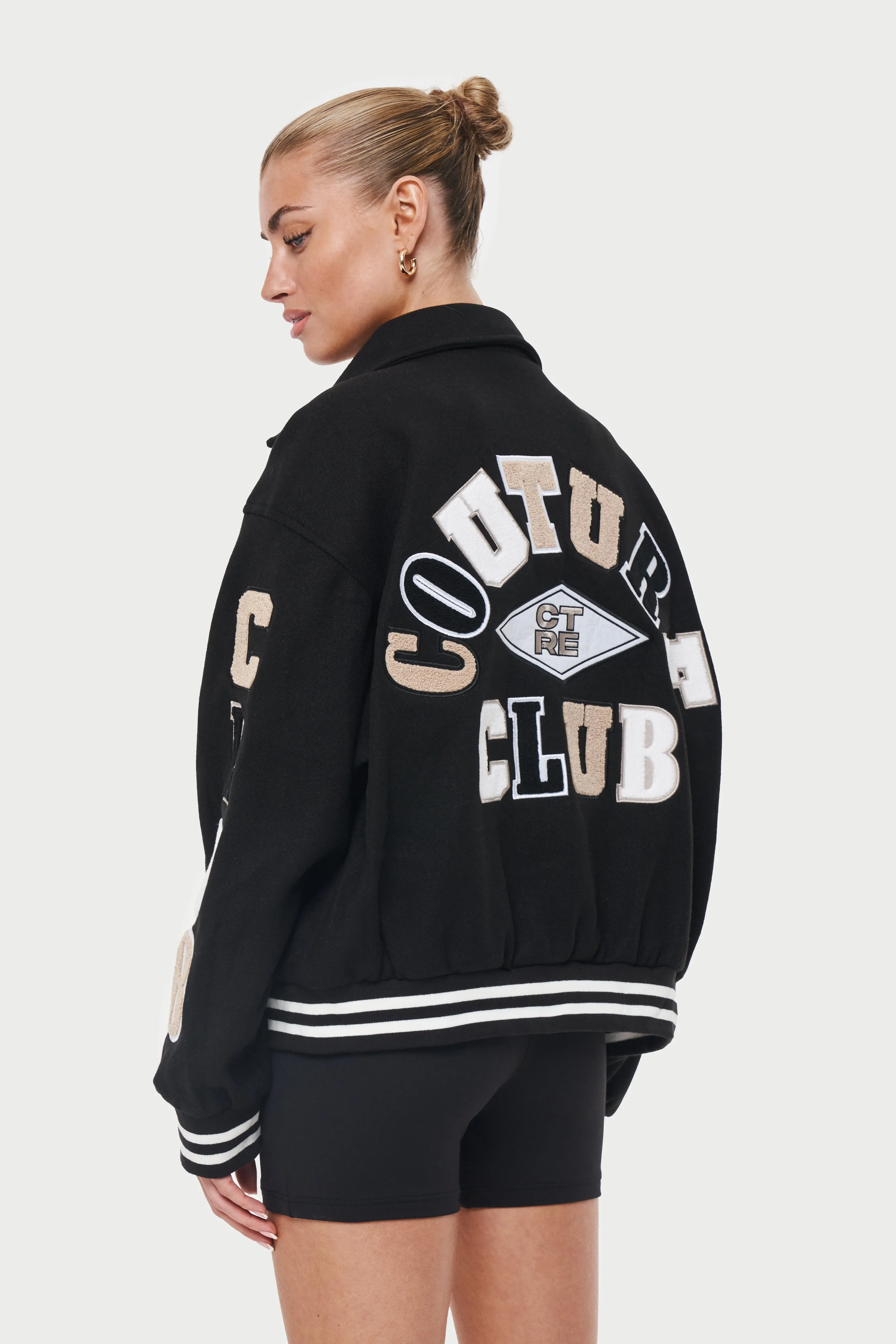 MULTI BADGED CHENILLE COLLARED VARSITY JACKET - BLACK