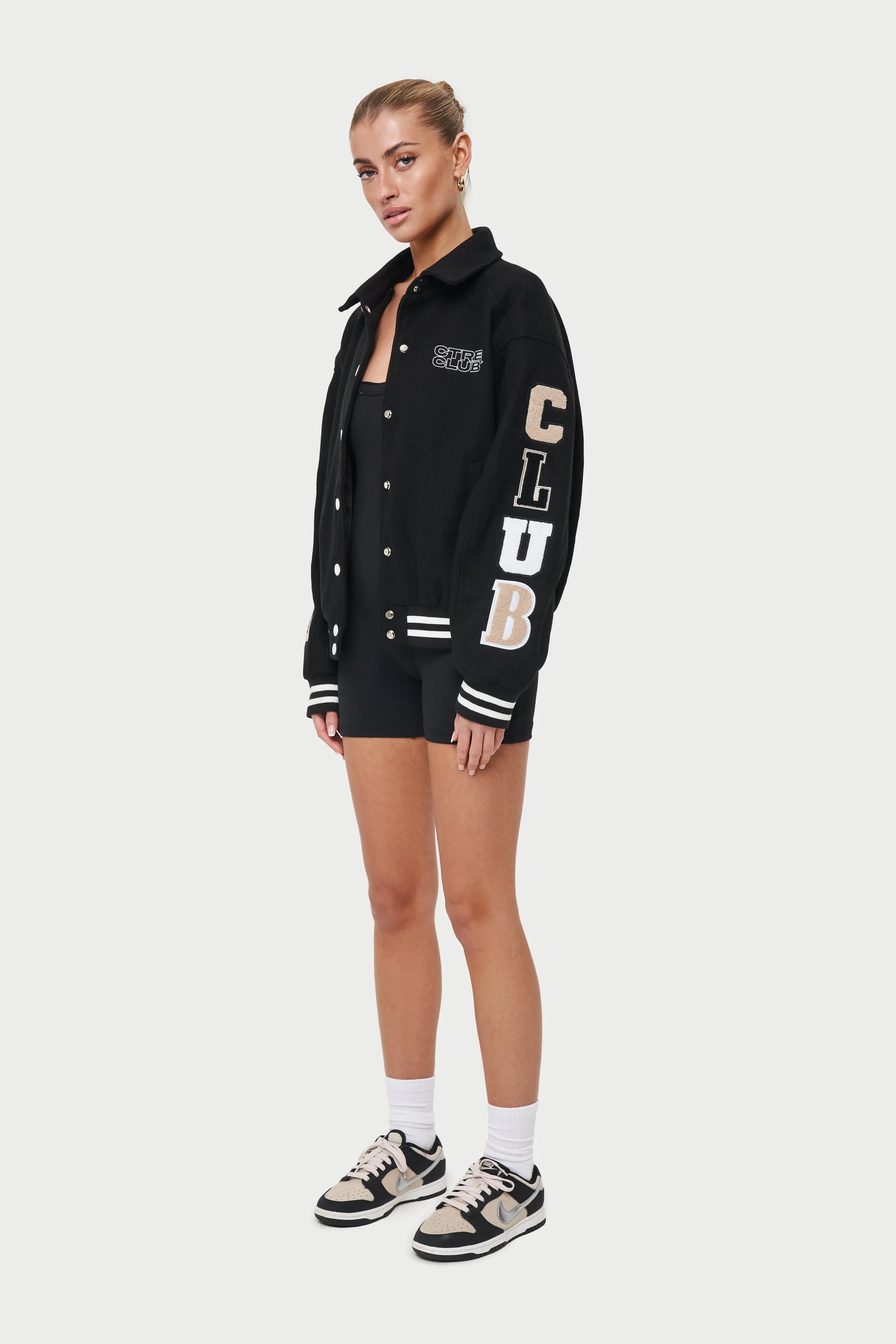 MULTI BADGED CHENILLE COLLARED VARSITY JACKET - BLACK