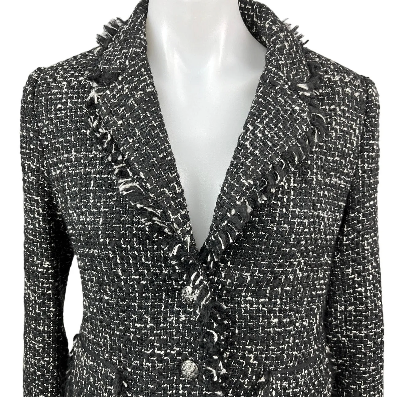 NEW Argent Black Classic Tweed Fringe Button Collar Blazer Coat Jacket Black 4