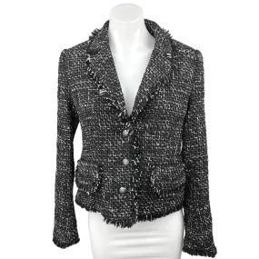 NEW Argent Black Classic Tweed Fringe Button Collar Blazer Coat Jacket Black 4