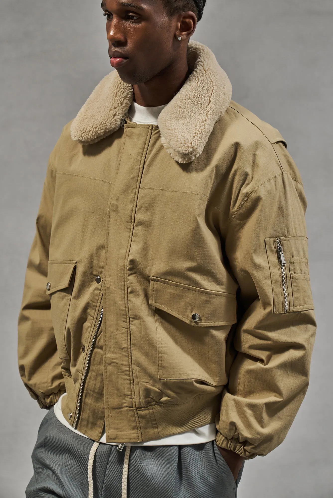 OVERSIZED BORG DETAIL BOMBER JACKET - BEIGE