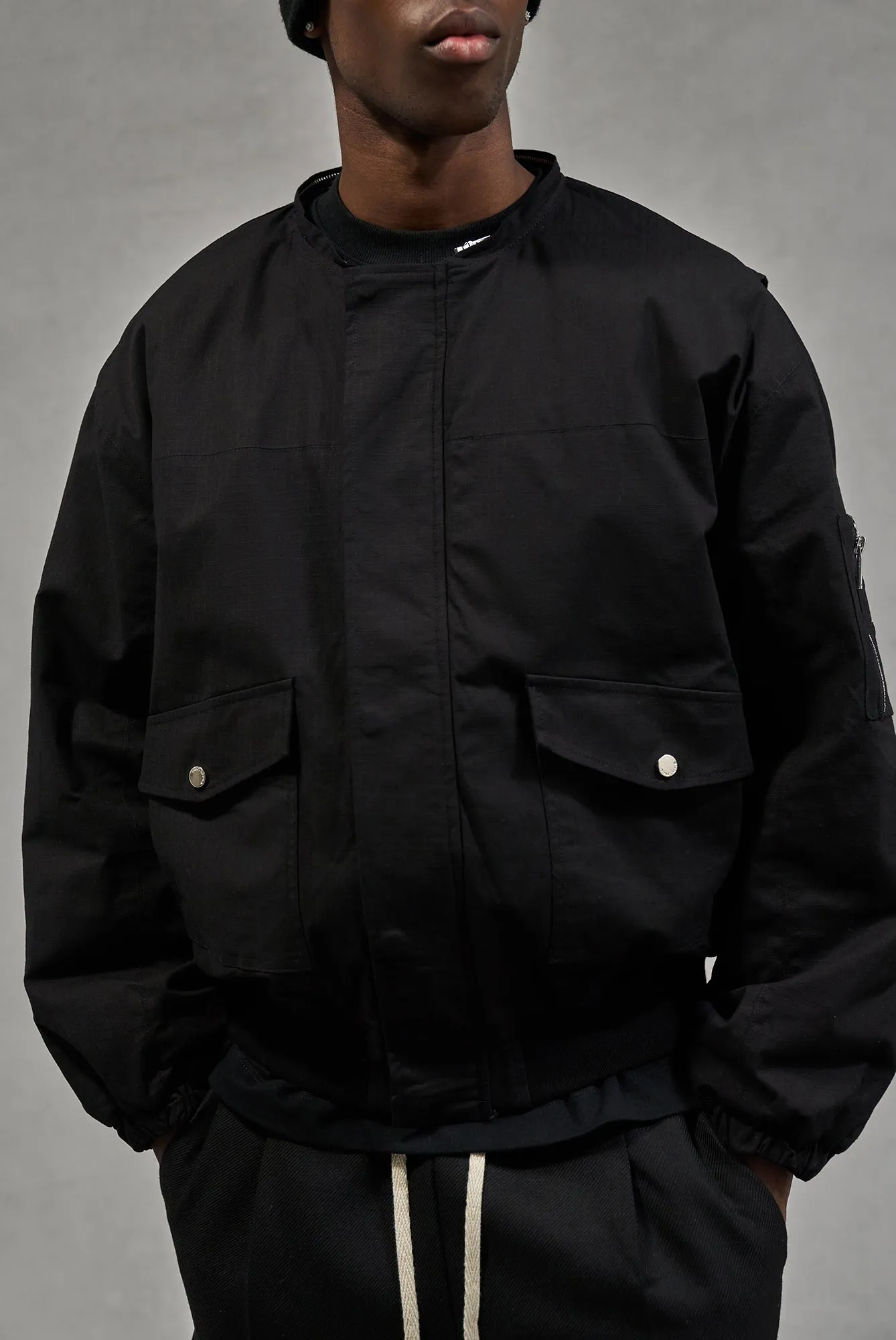 OVERSIZED BORG DETAIL BOMBER JACKET - BLACK