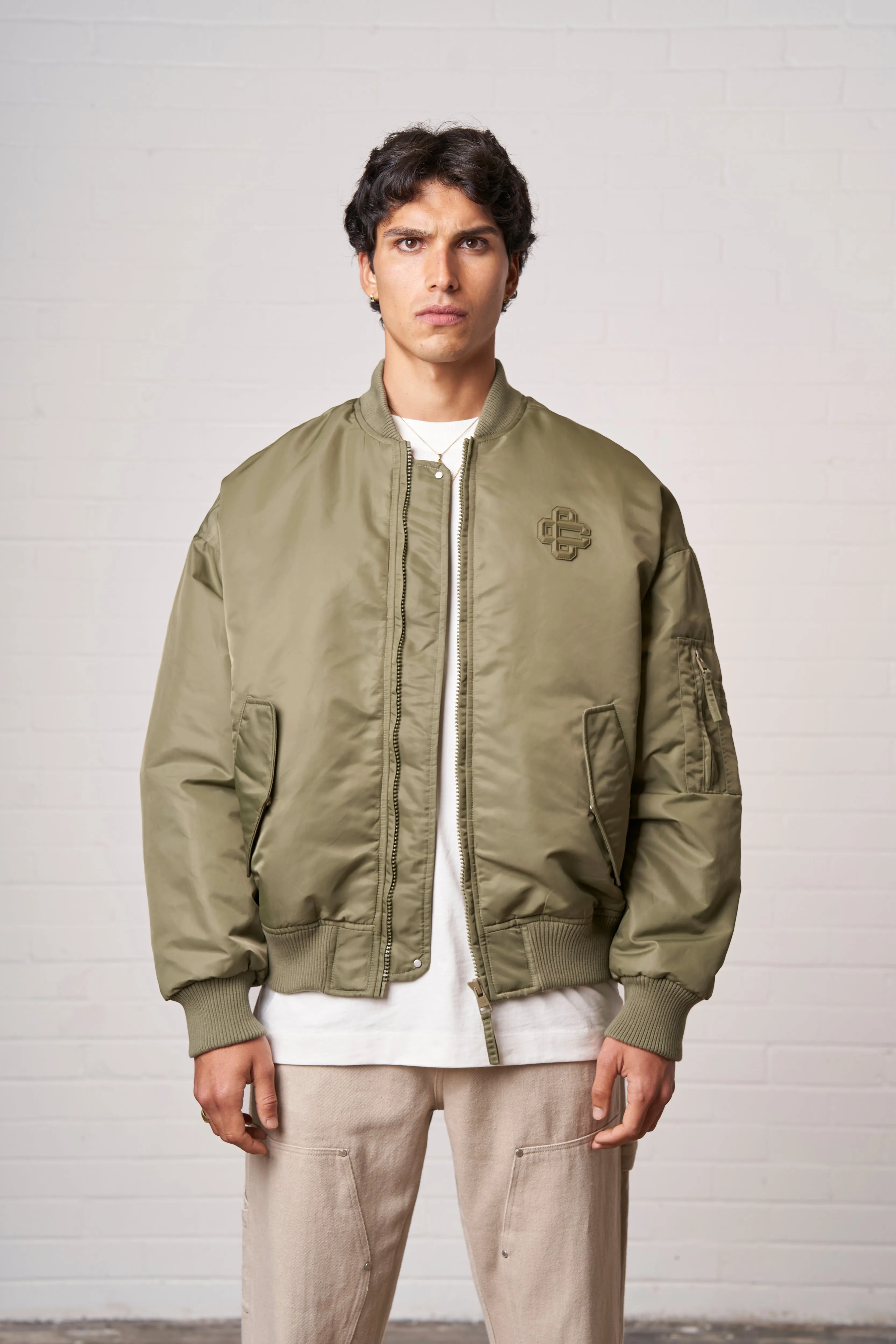 OVERSIZED EMBLEM BOMBER JACKET - KHAKI