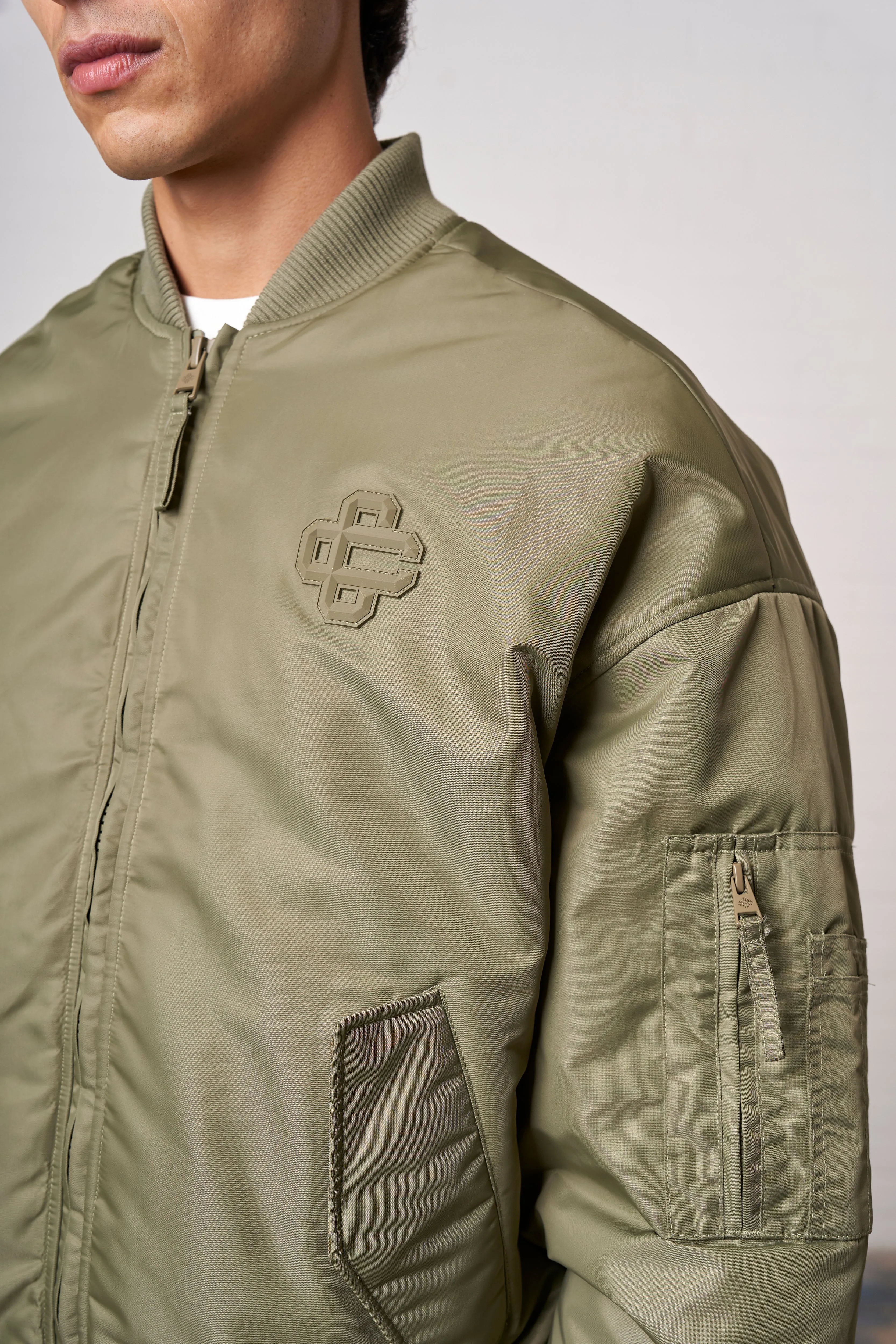 OVERSIZED EMBLEM BOMBER JACKET - KHAKI