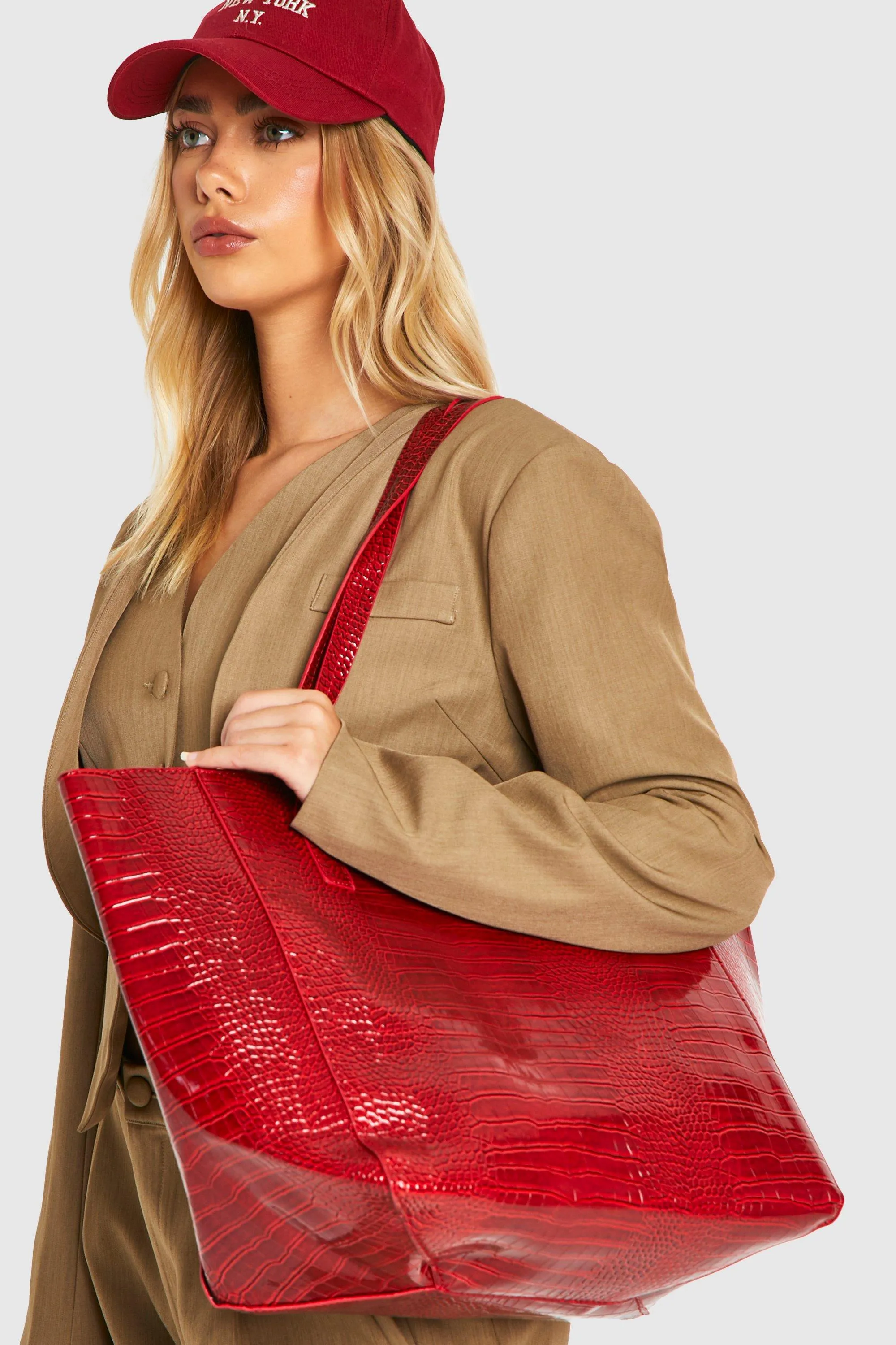 Oversized Faux Leather Croc Tote Day Bag