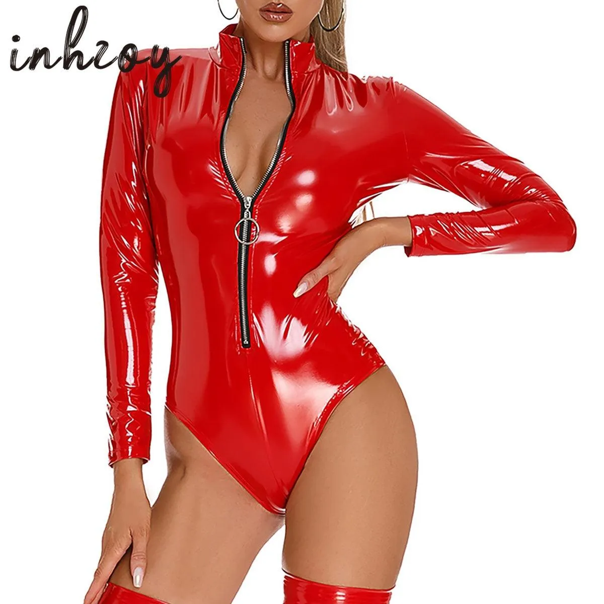 Patent Leather Bodysuit with Zipper - Sexy Clubwear, Wet Look, Mock Neck, Glossy, Long Sleeve