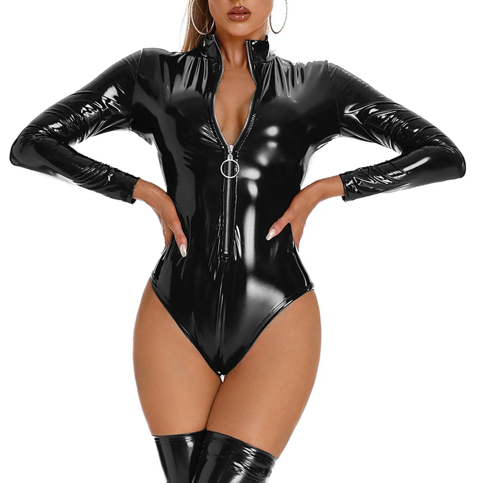 Patent Leather Bodysuit with Zipper - Sexy Clubwear, Wet Look, Mock Neck, Glossy, Long Sleeve