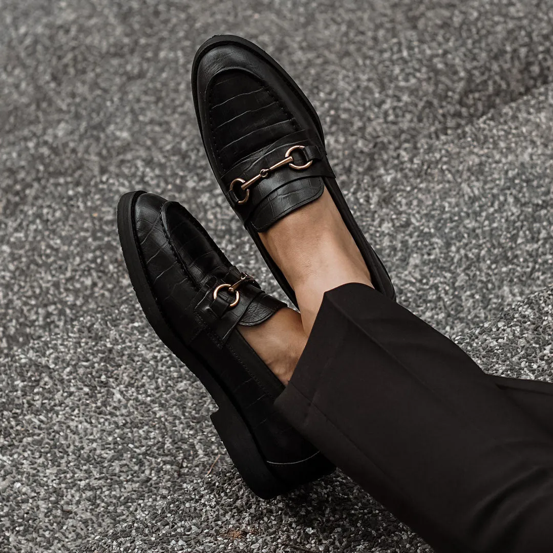 Penny Loafer Horsebit Buckle - Black Croco Leather (Crepe Sole)