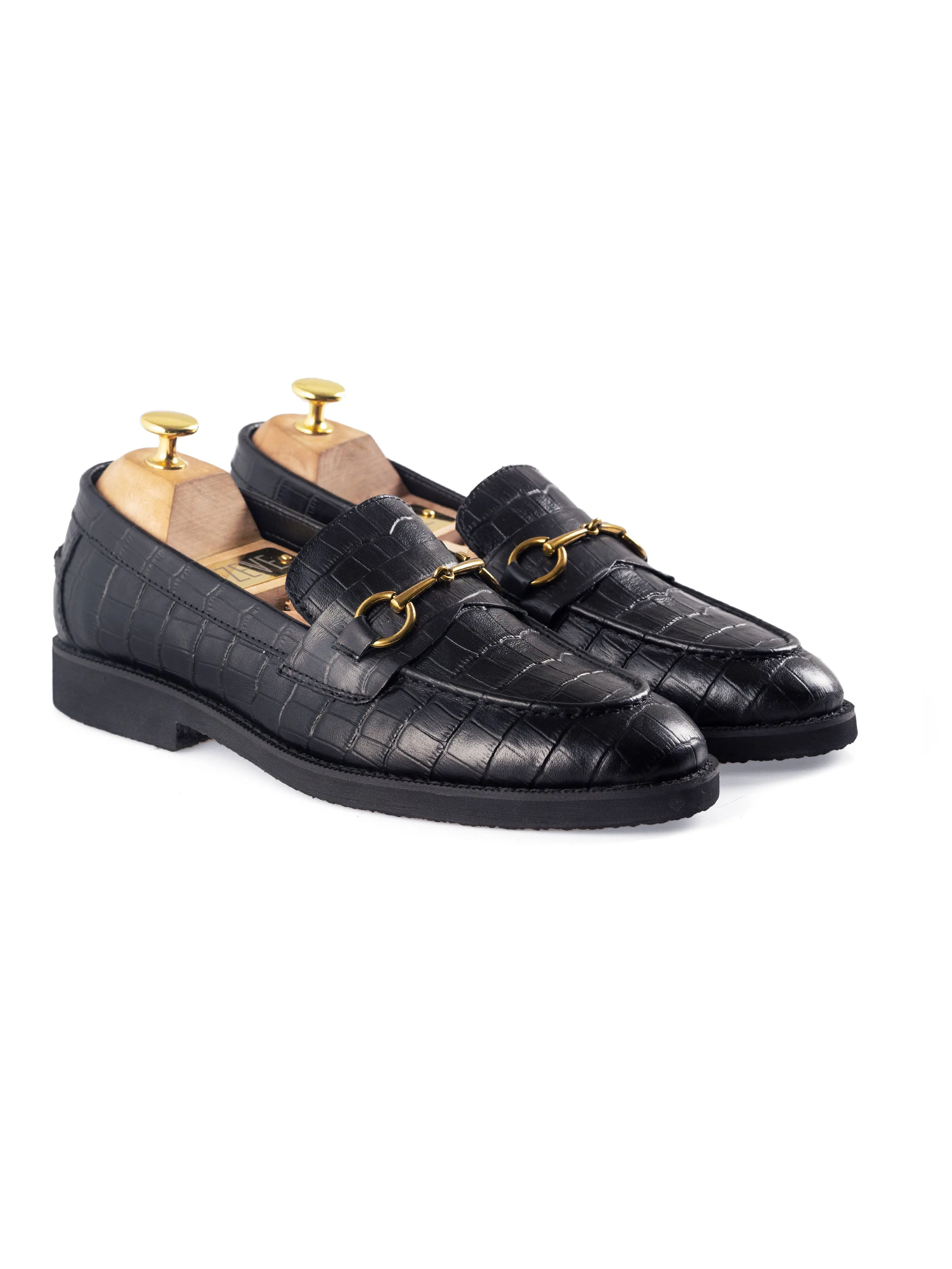 Penny Loafer Horsebit Buckle - Black Croco Leather (Crepe Sole)