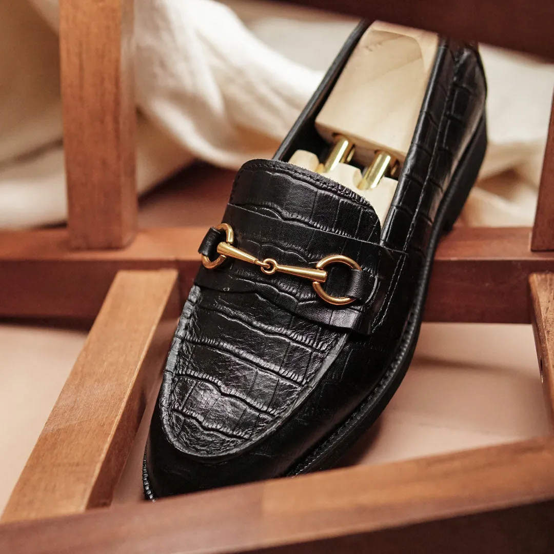 Penny Loafer Horsebit Buckle - Black Croco Leather (Crepe Sole)