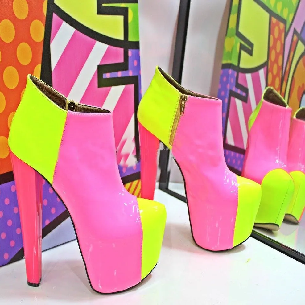 Pink Yellow Platform High Heel Ankle Boots