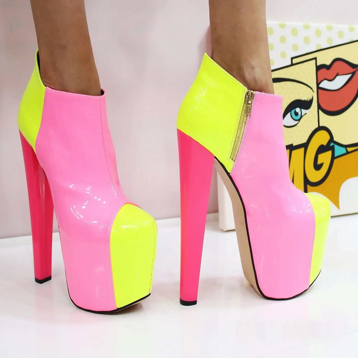 Pink Yellow Platform High Heel Ankle Boots