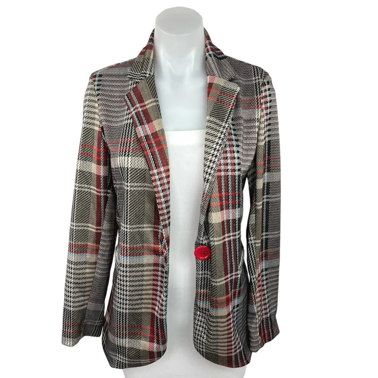 Presage Gray Plaid One Button Career Office Business Blazer Coat Jacket Size M