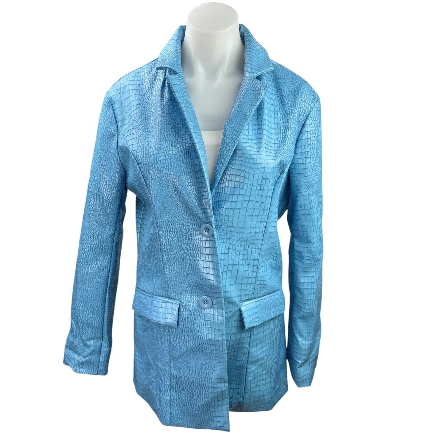 Princess Polly Womens Blue Faux Leather Croc Embossed Blazer Coat Jacket Size 4