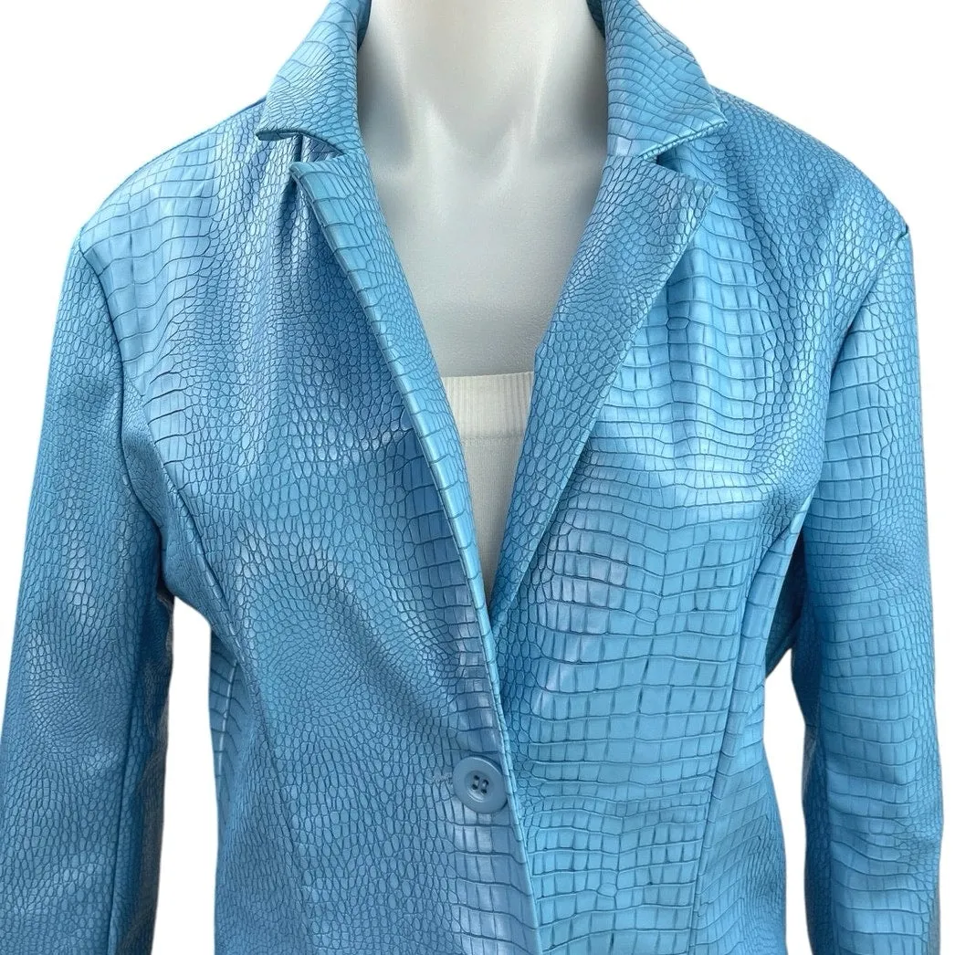 Princess Polly Womens Blue Faux Leather Croc Embossed Blazer Coat Jacket Size 4