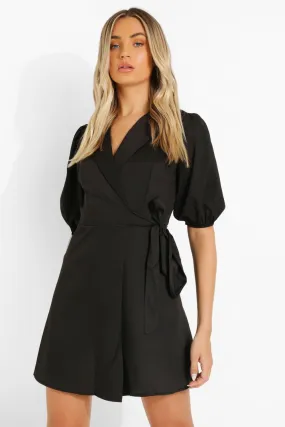 Puff Sleeve Wrap Front Blazer Dress