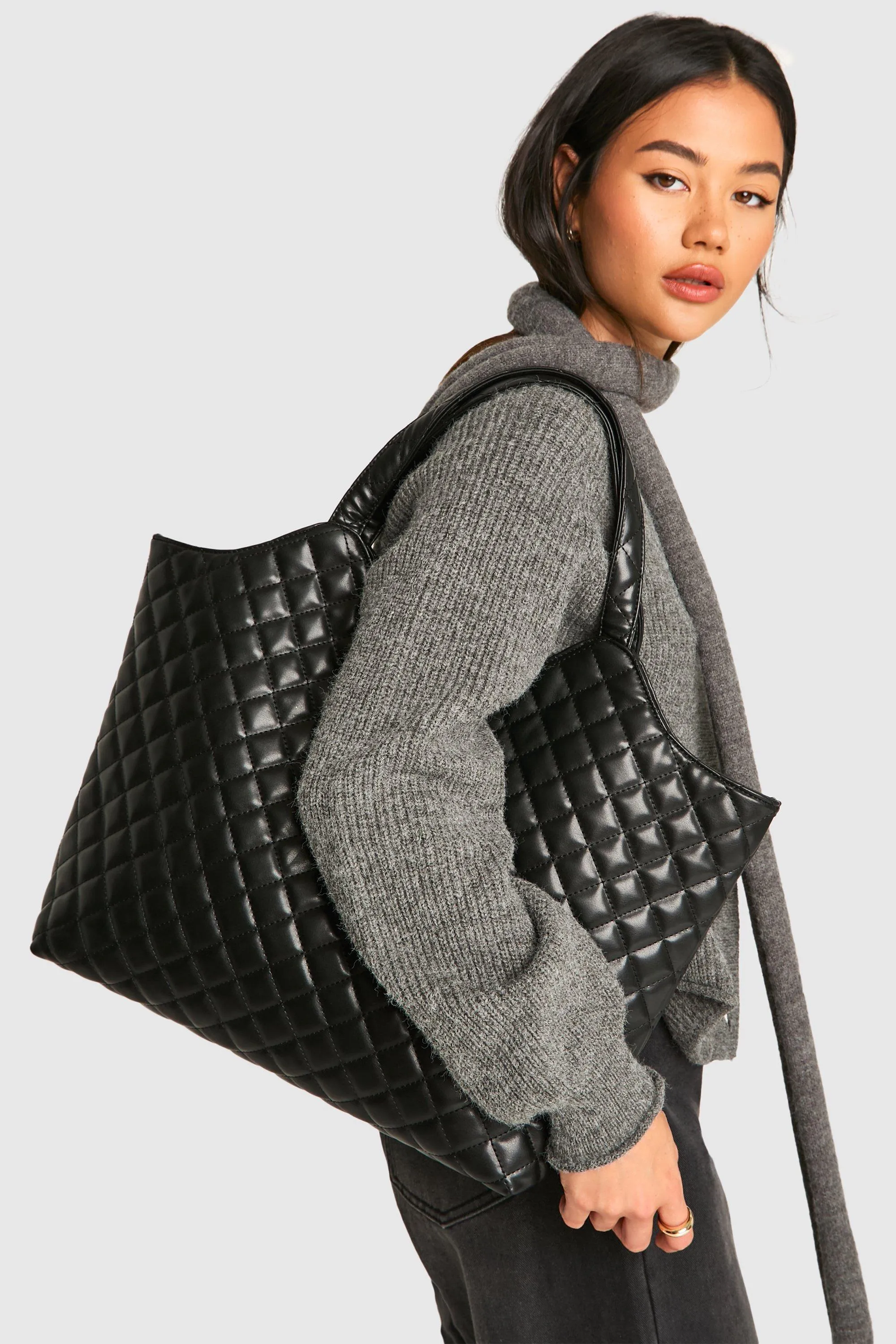 Quilted Faux Leather Shopper Tote Bag