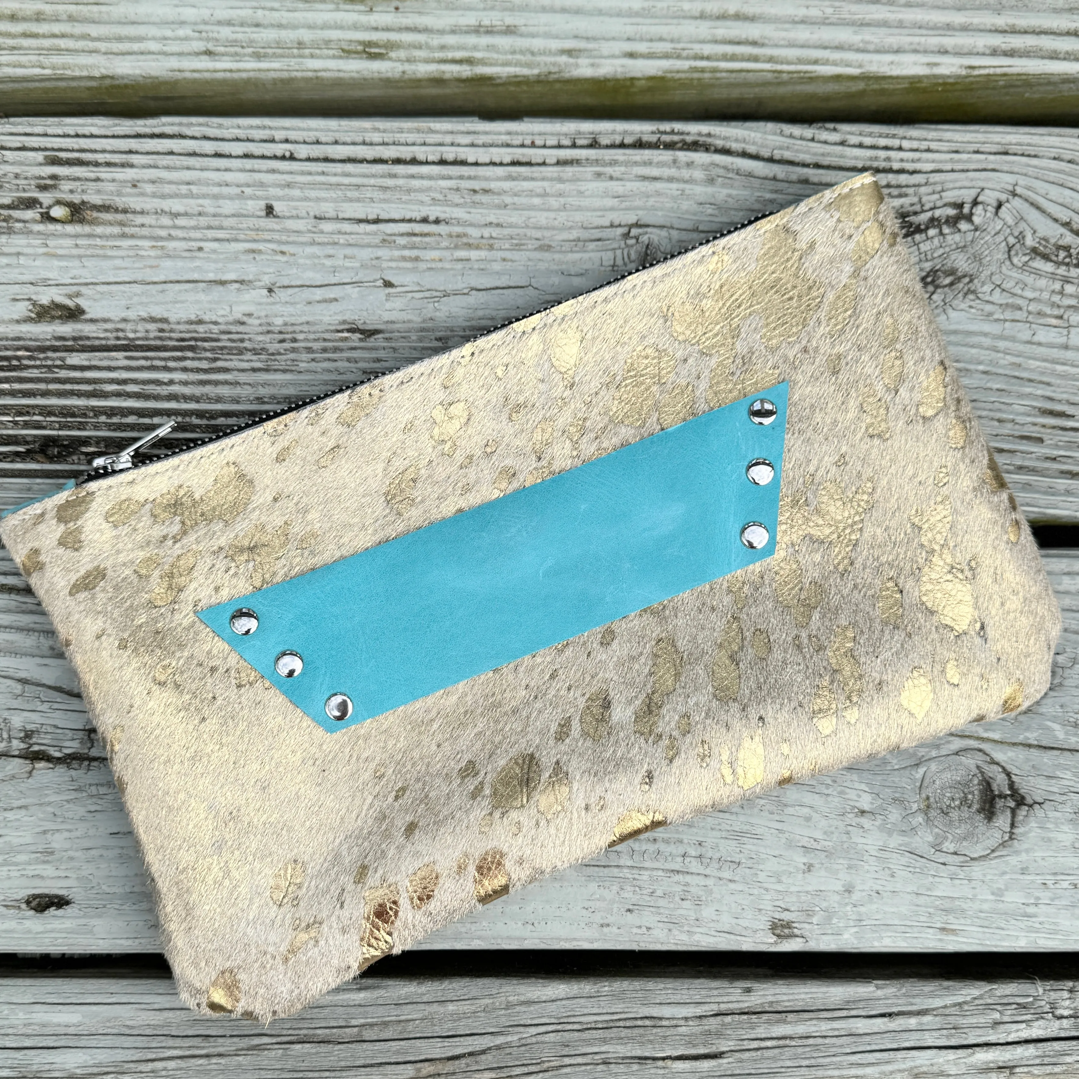 Raleigh Leather Clutch Gold Acid Wash Aqua