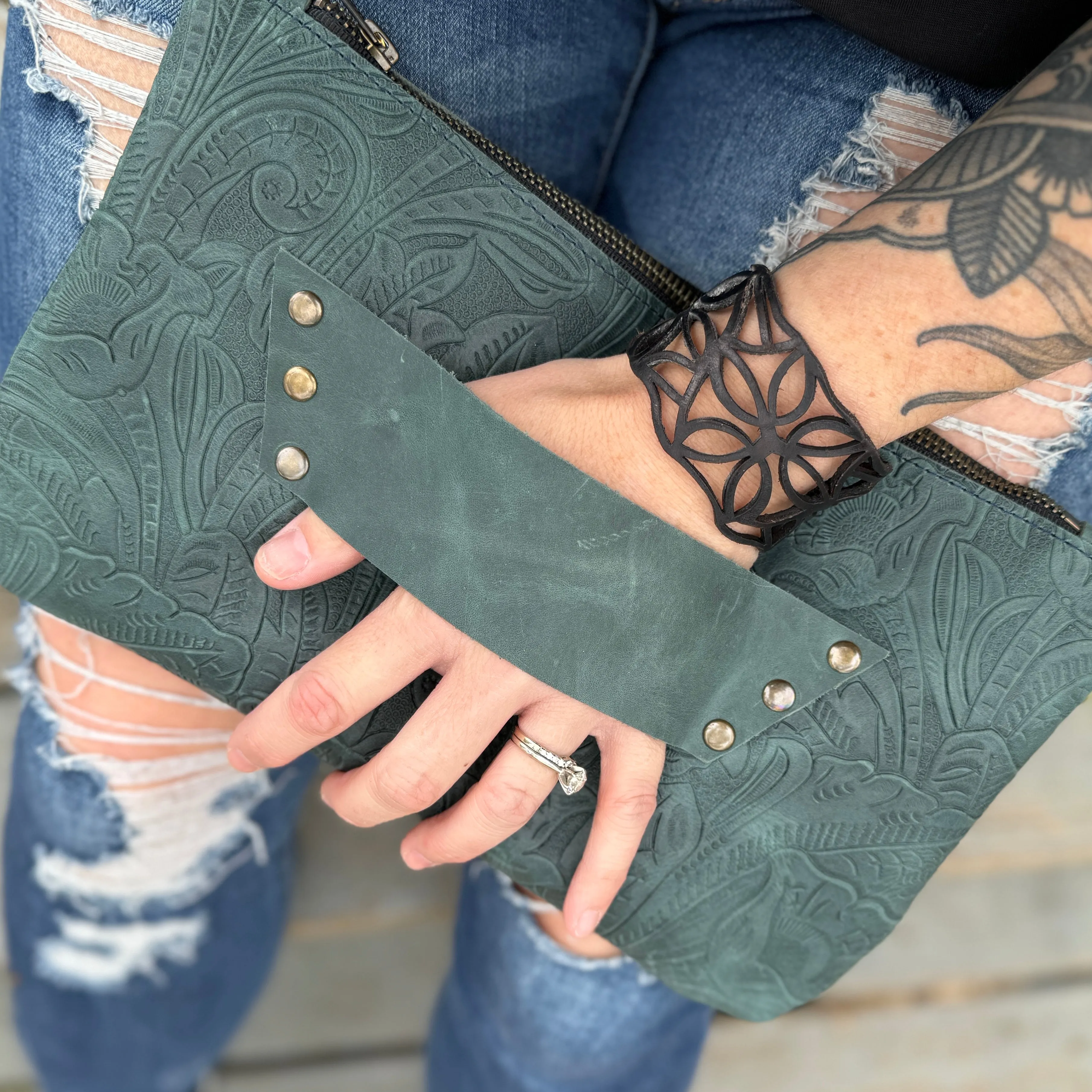 Raleigh Leather Clutch Vintage Teal Embossed