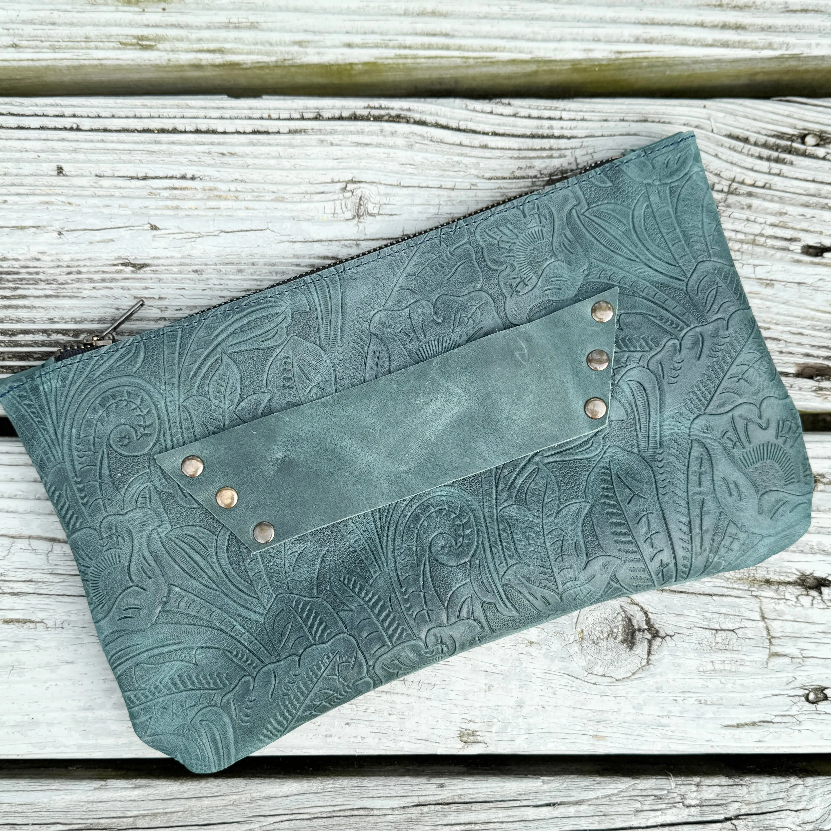 Raleigh Leather Clutch Vintage Teal Embossed