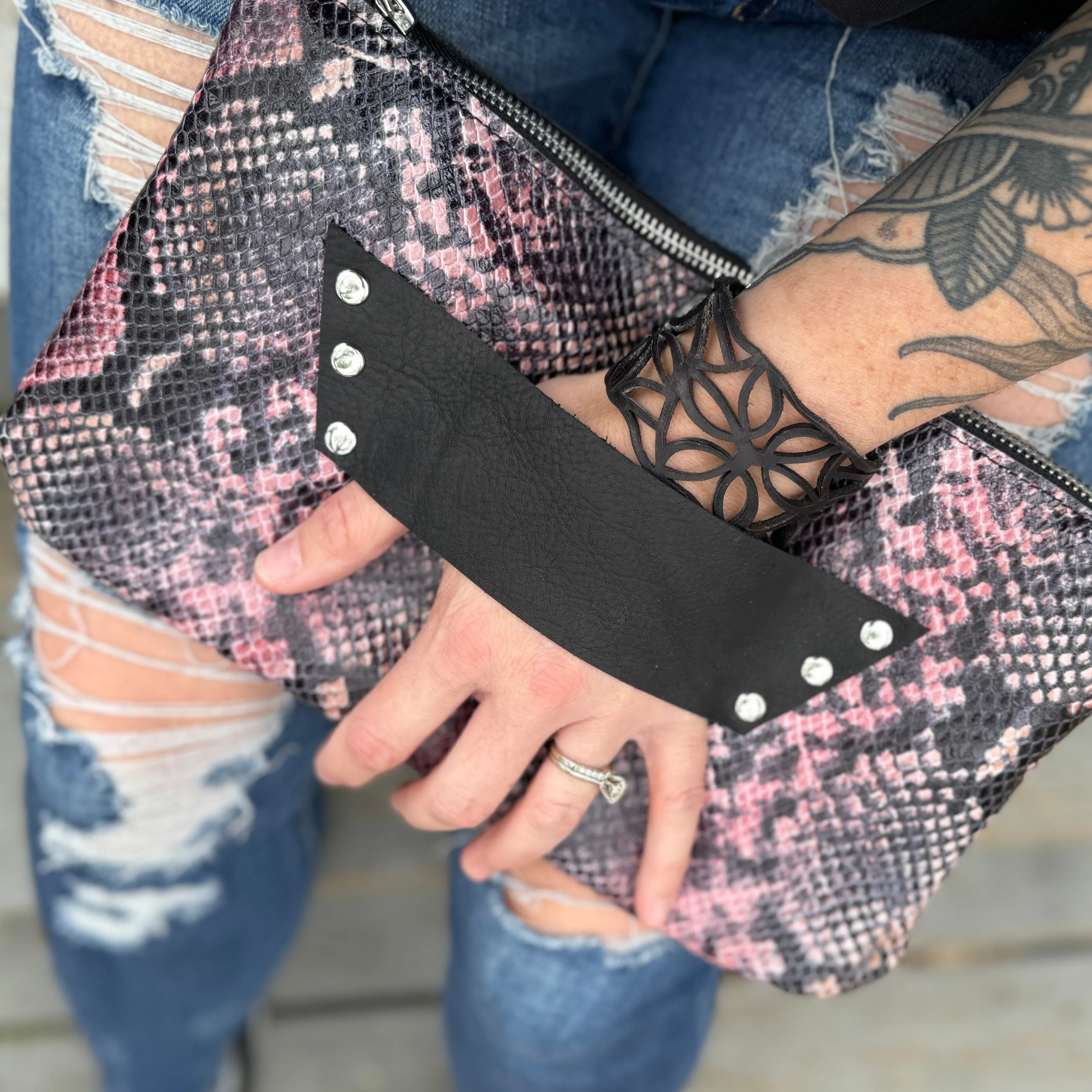 Raleigh Leather Pink Snake Black Clutch.