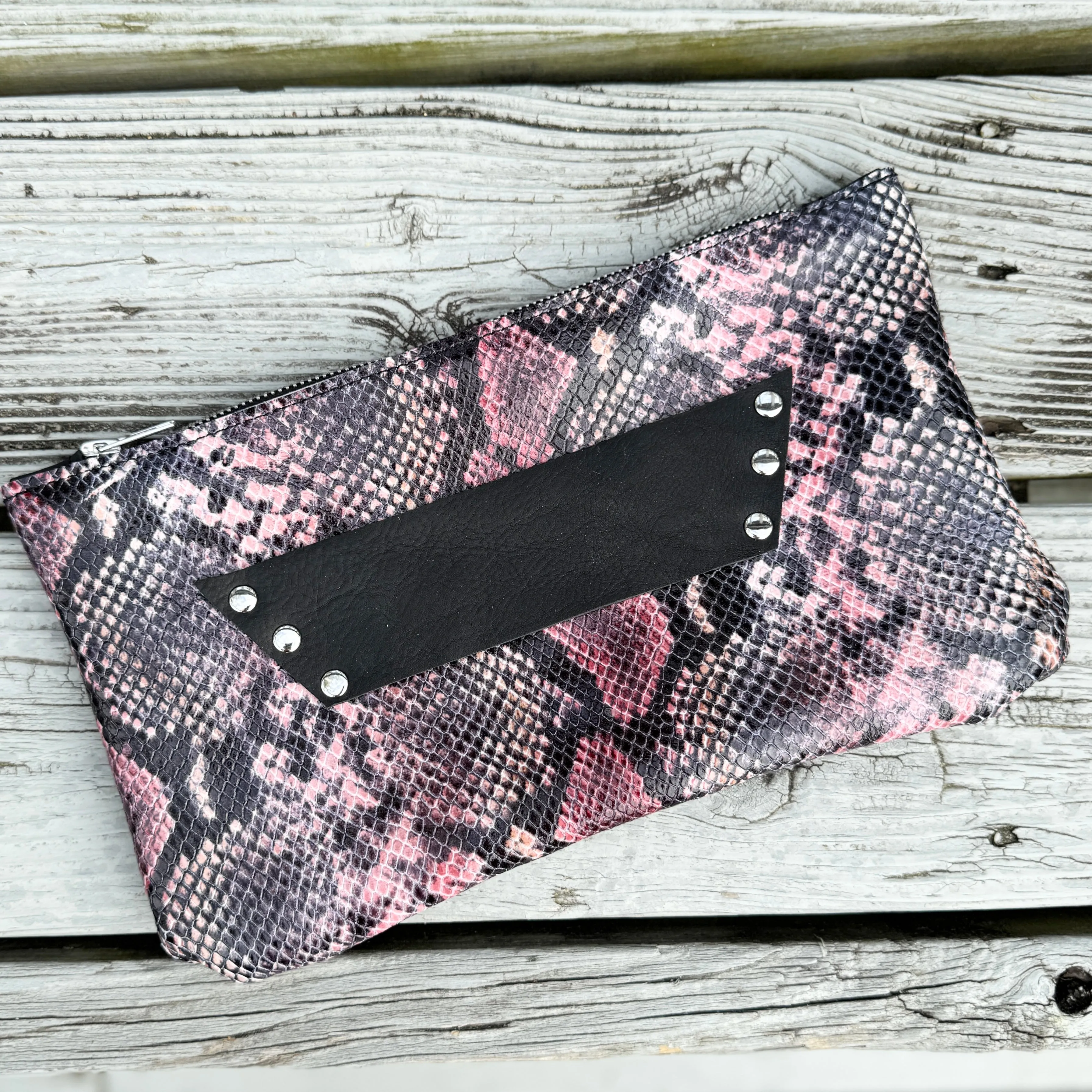 Raleigh Leather Pink Snake Black Clutch.