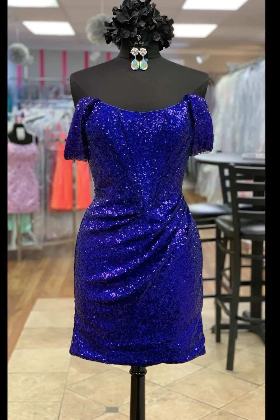 Round Neck Off Shoulder Sequin Homecoming Dress