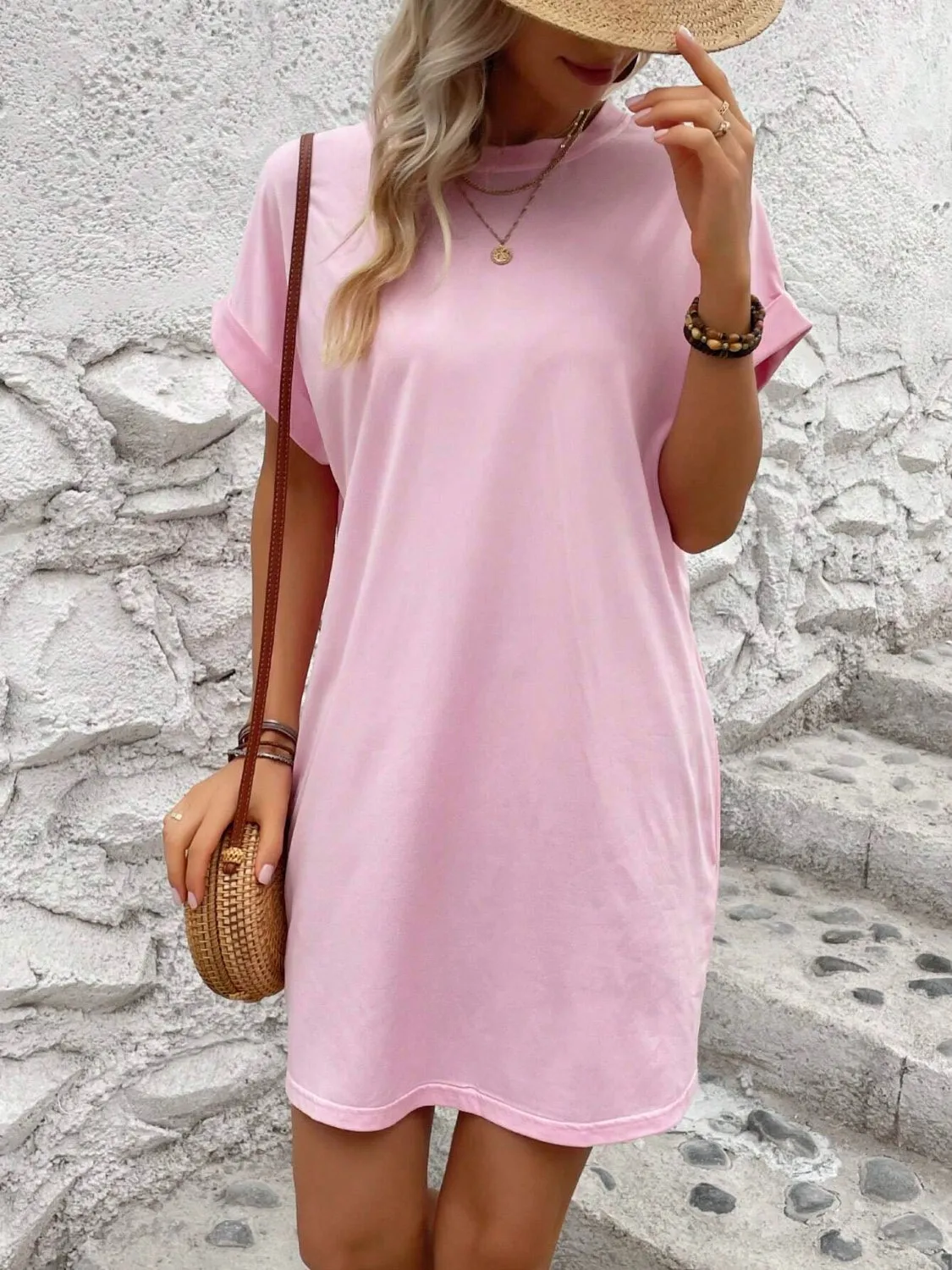 Round Neck Short Sleeve Mini Dress**