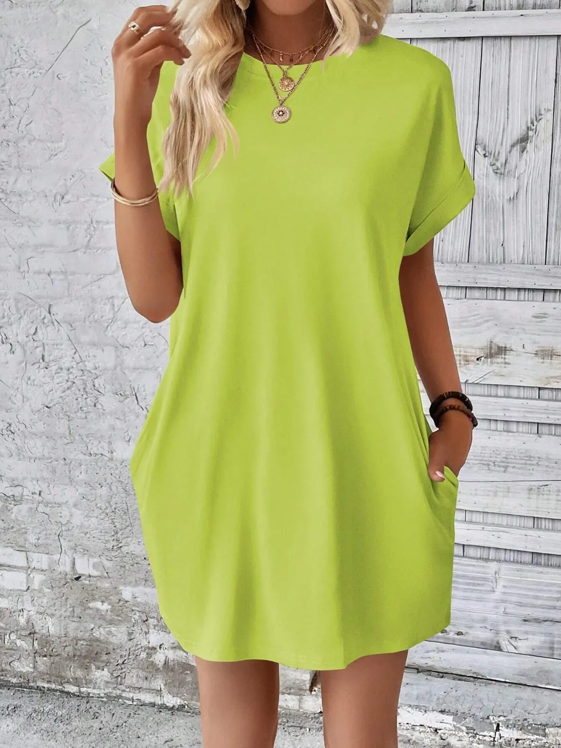 Round Neck Short Sleeve Mini Dress**