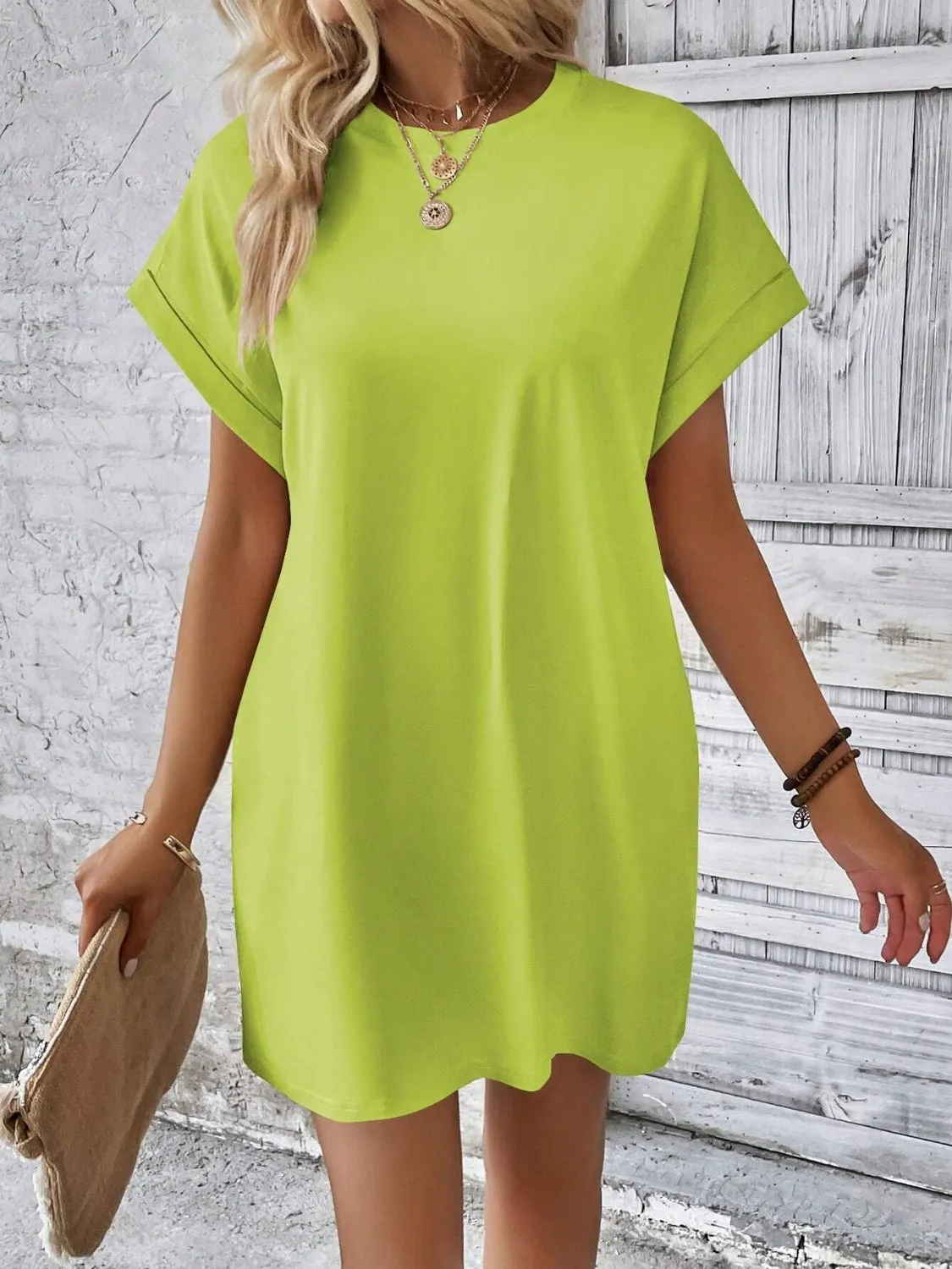 Round Neck Short Sleeve Mini Dress**