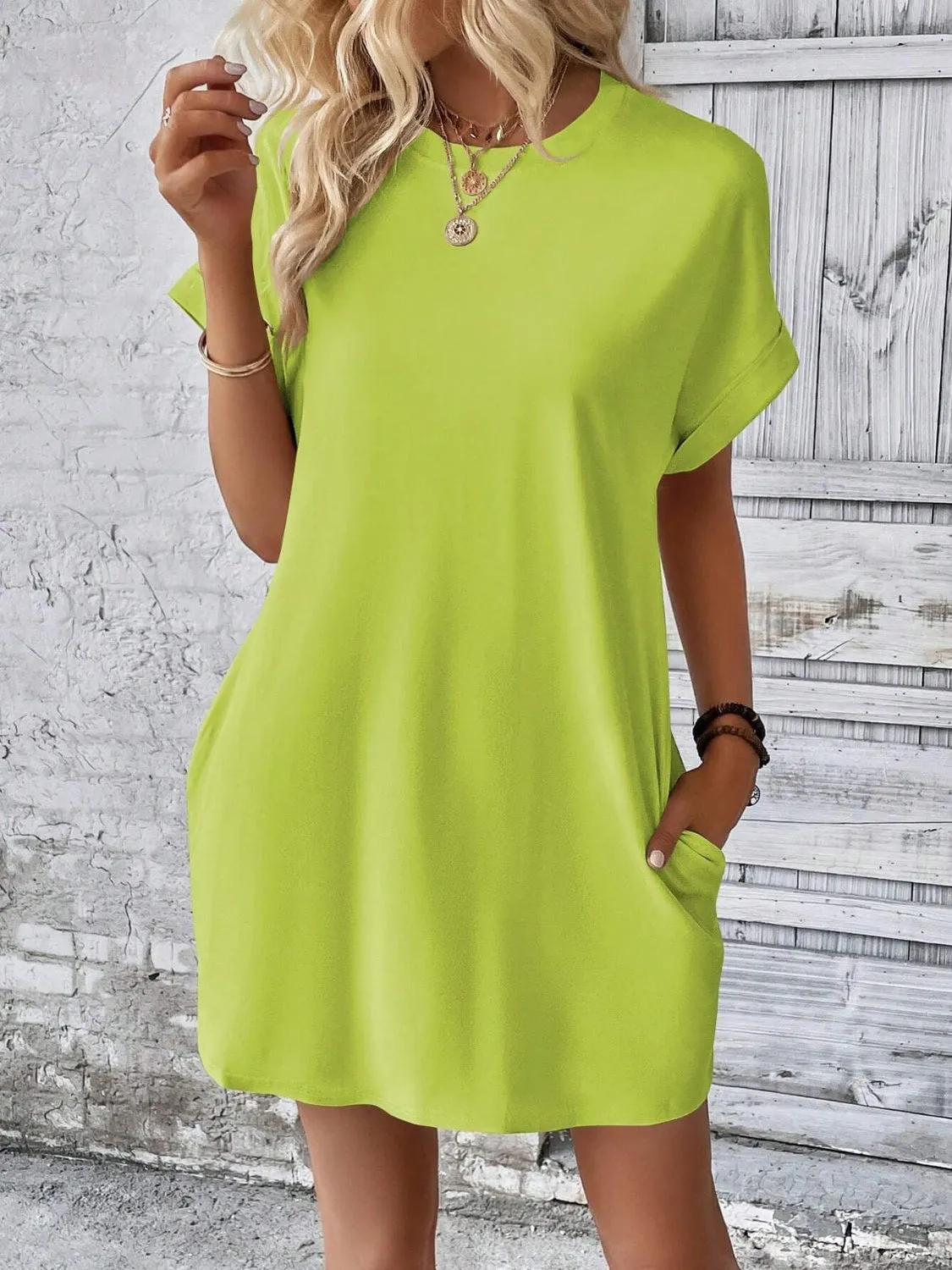 Round Neck Short Sleeve Mini Dress**