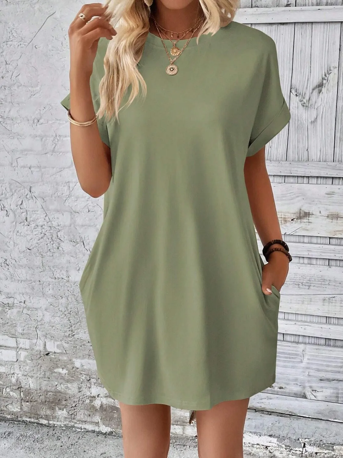 Round Neck Short Sleeve Mini Dress**